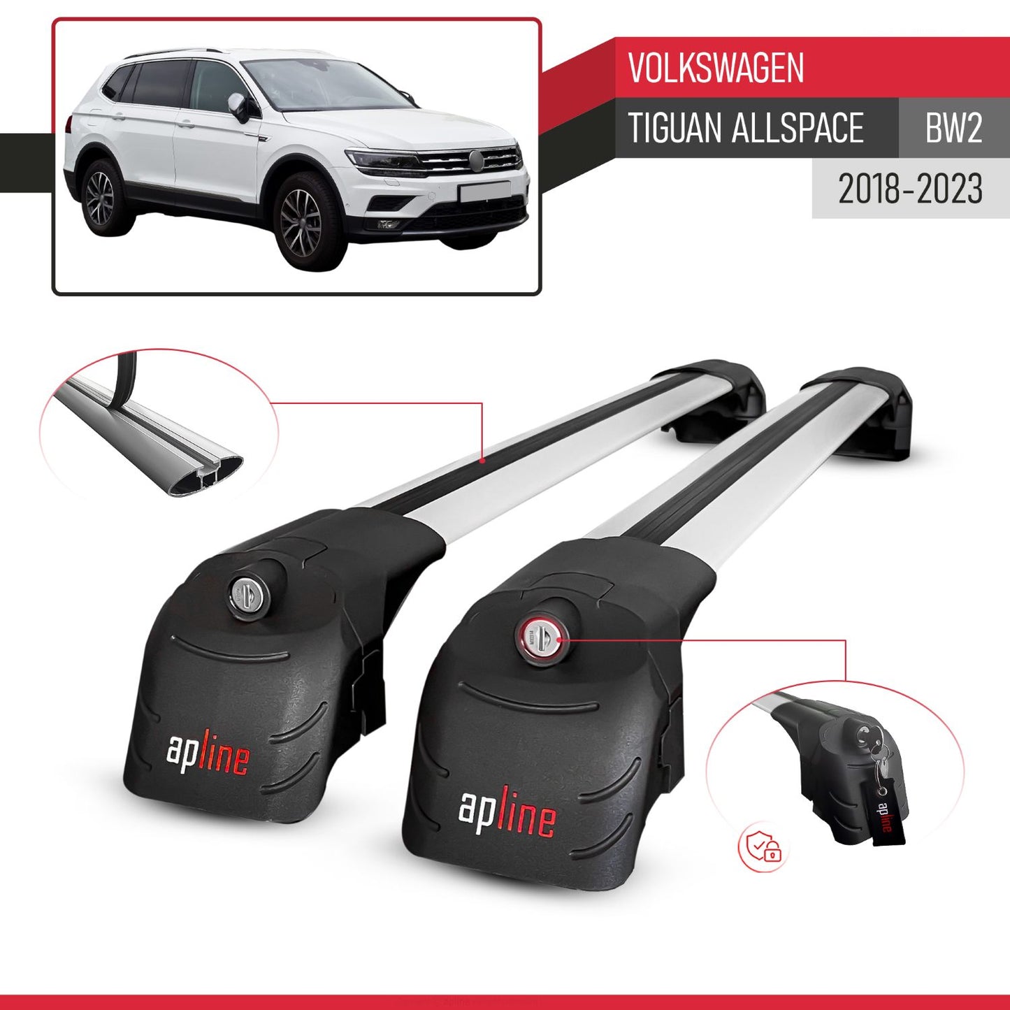 Compatible with Volkswagen Tiguan Allspace (BW) 2018-2023 ACE-2 Car Roof Rack Cross Bar Grey Aluminium 2 Bars