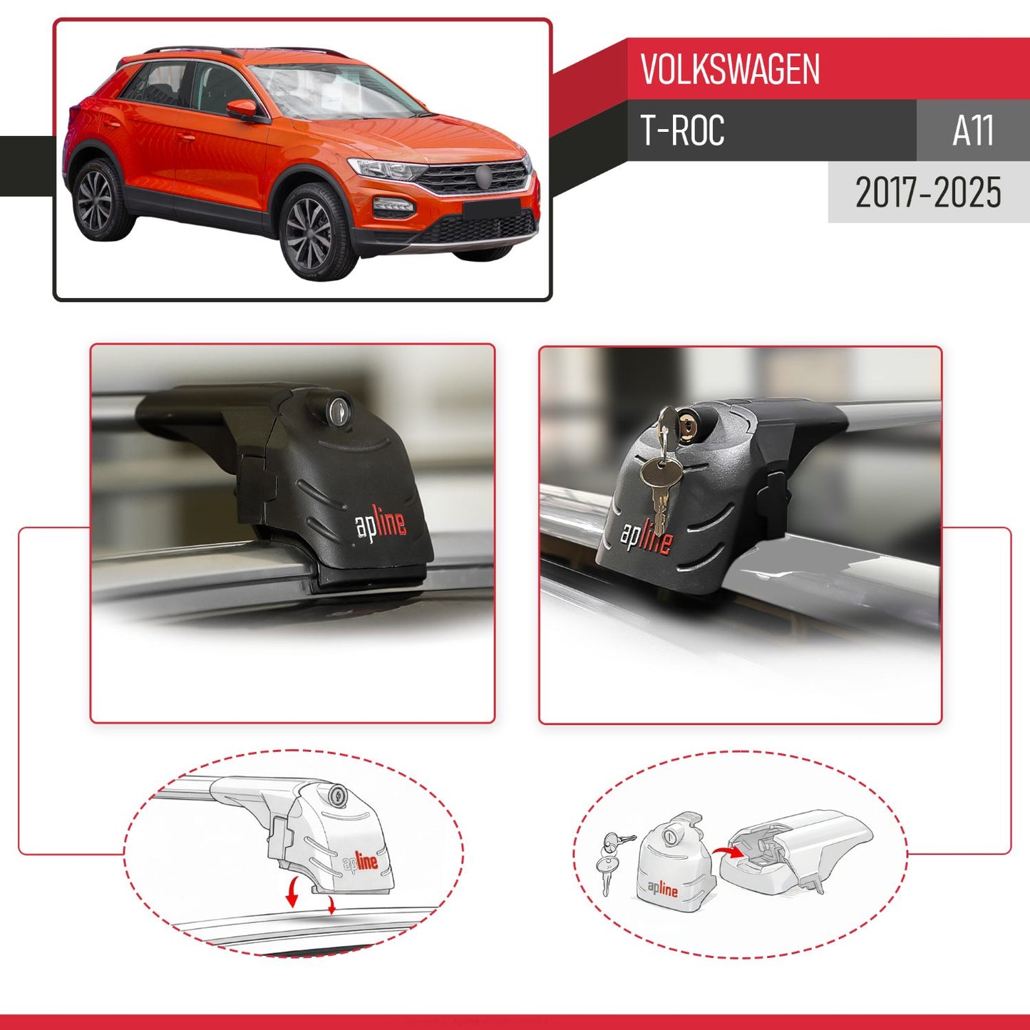 Compatible with Volkswagen T-Roc 2017-2025 ACE-2 Car Roof Rack Cross Bar Grey Aluminium 2 Bars