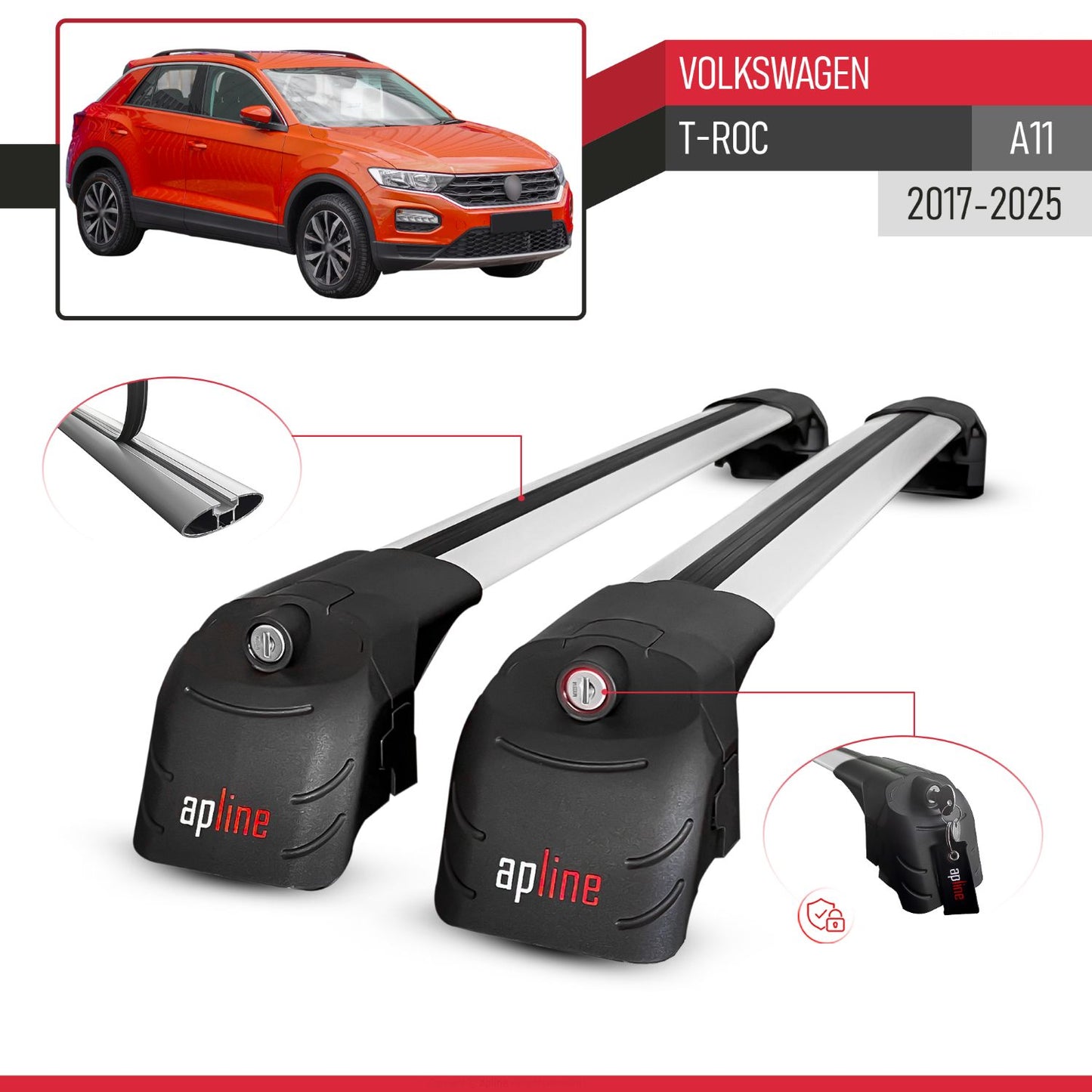 Compatible with Volkswagen T-Roc 2017-2025 ACE-2 Car Roof Rack Cross Bar Grey Aluminium 2 Bars