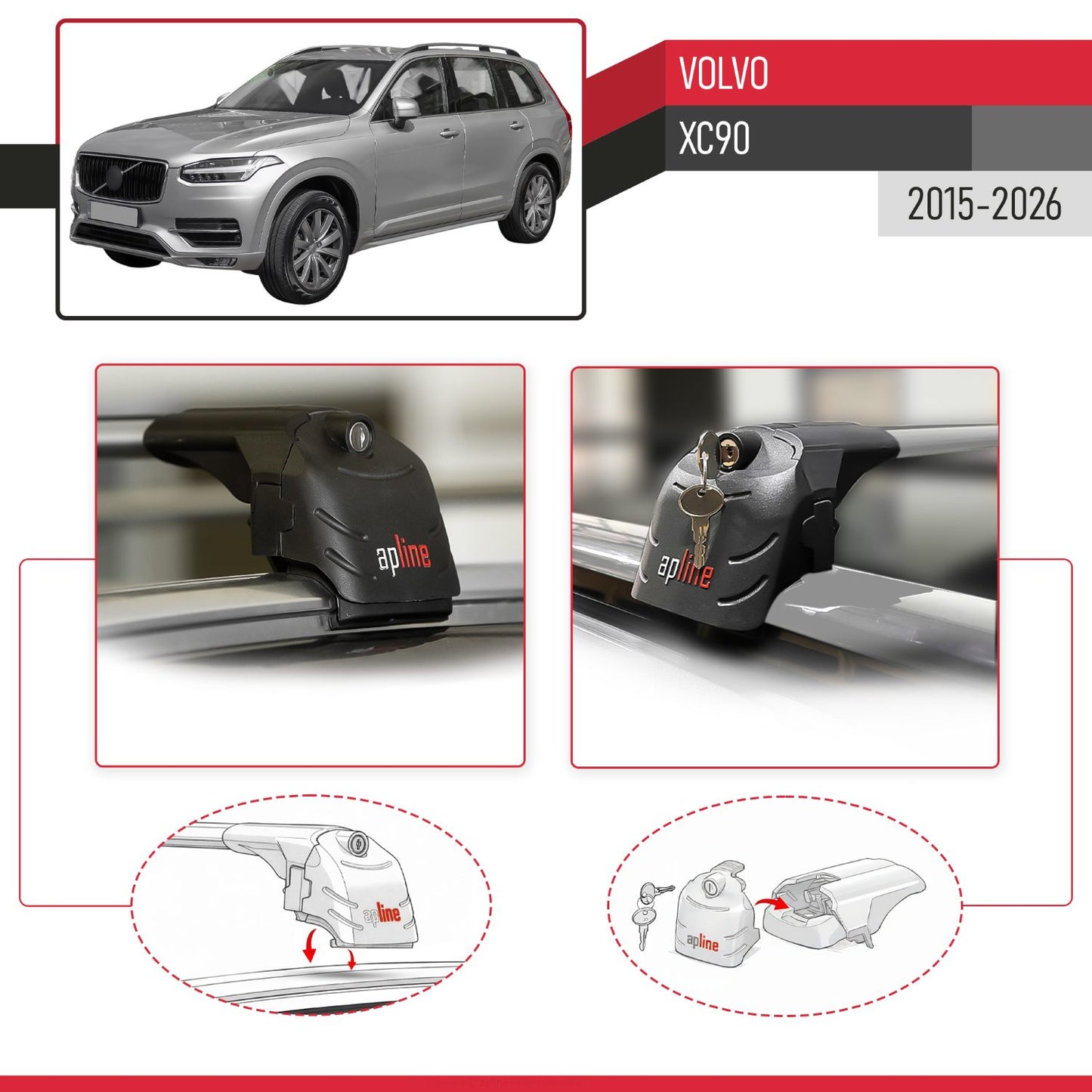 Kompatibel mit Volvo XC90 II 2015-2025 ACE-2 Relingträger Dachträger Auto Gepäckträger Grau Aluminium 2 Stangen
