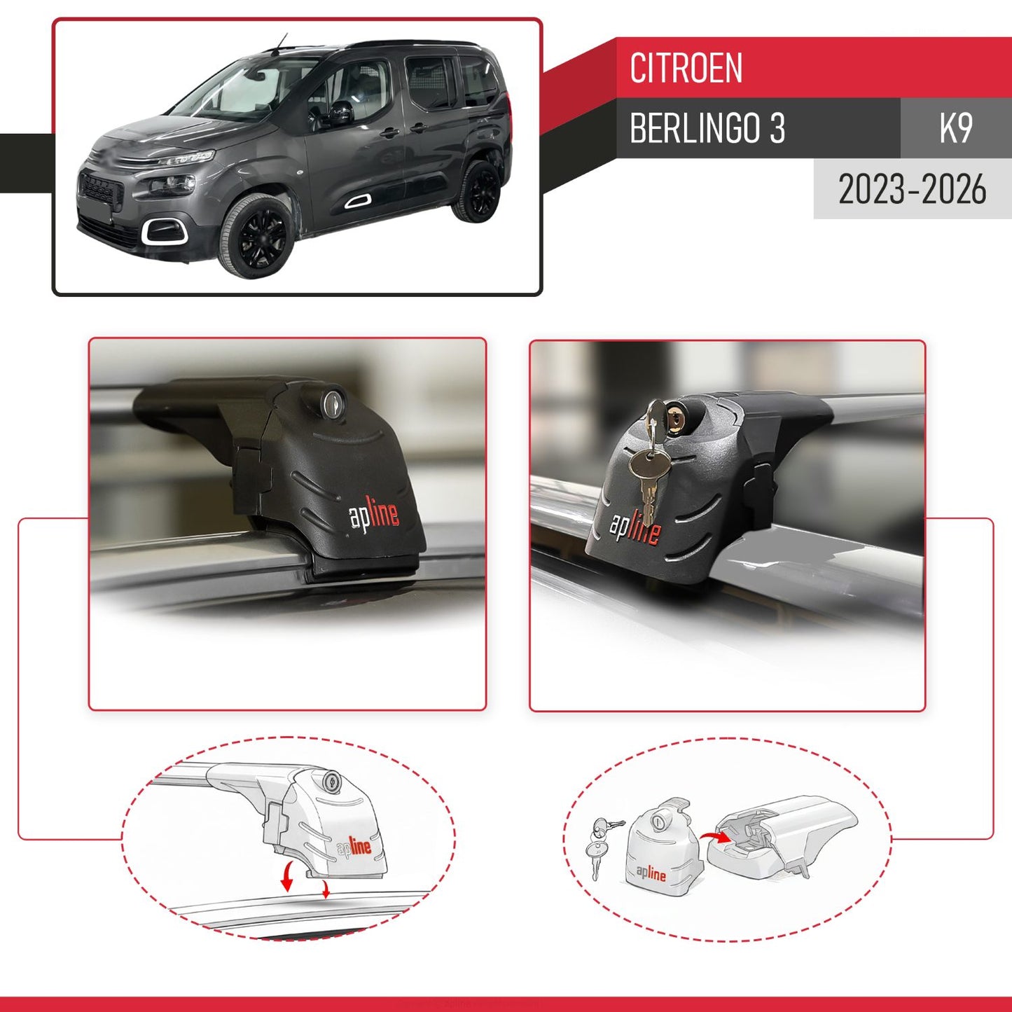 Kompatibel mit Citroen Berlingo 3 (K9) 2023-2025 ACE-2 Relingträger Dachträger Auto Gepäckträger Grau Aluminium 2 Stangen