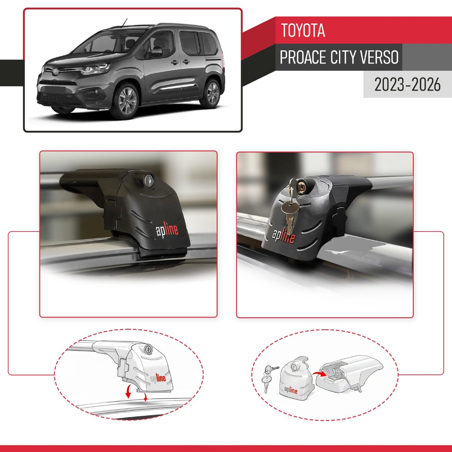 Compatible with Toyota Proace City Verso 2023-2025 ACE-2 Car Roof Rack Cross Bar Grey Aluminium 2 Bars