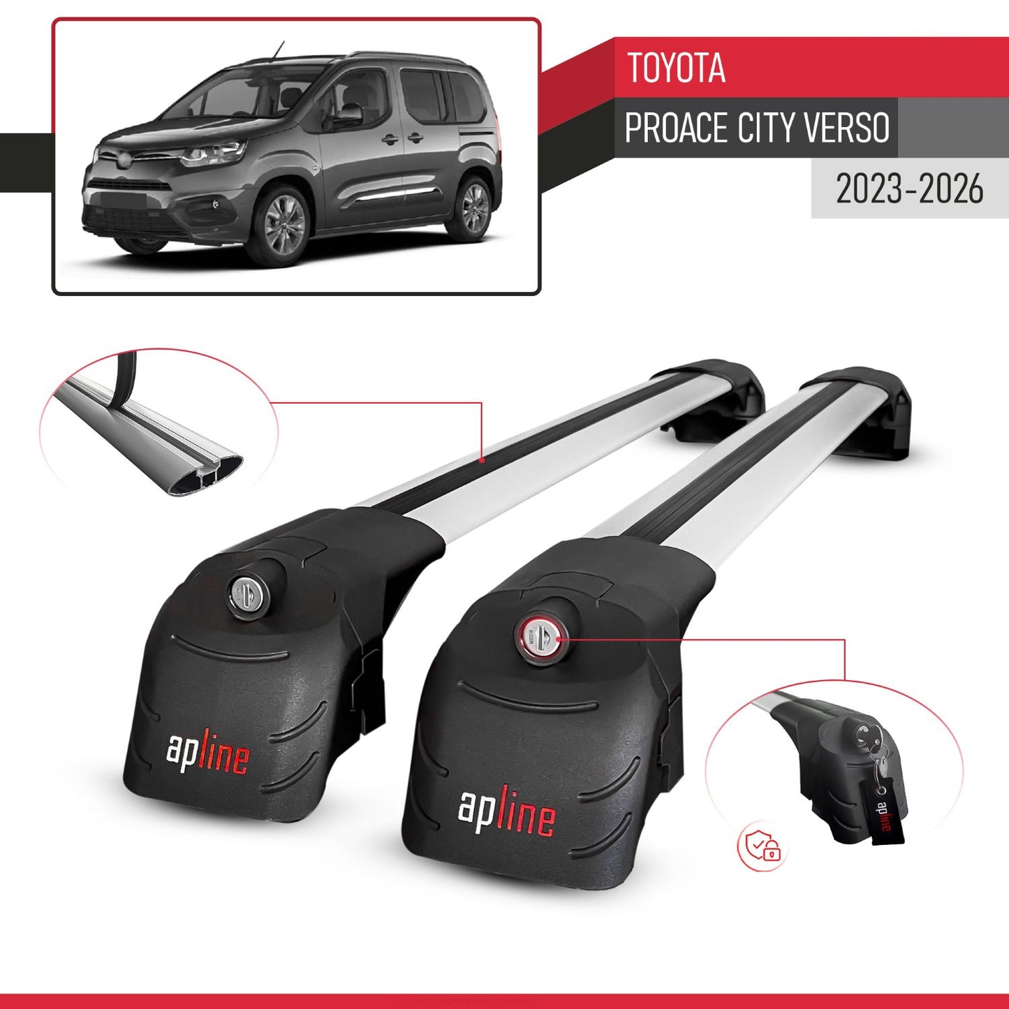Compatible with Toyota Proace City Verso 2023-2025 ACE-2 Car Roof Rack Cross Bar Grey Aluminium 2 Bars