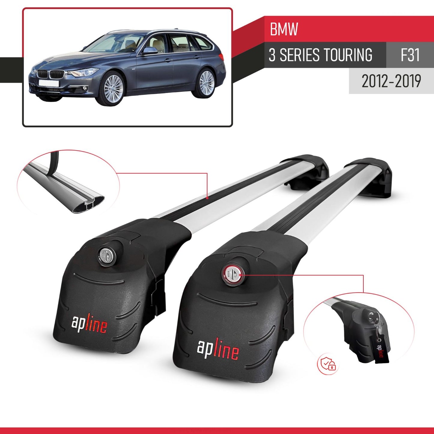 Kompatibel mit BMW 3er Serie (F31) Touring 2012-2019 ACE-2 Relingträger Dachträger Auto Gepäckträger Grau Aluminium 2 Stangen