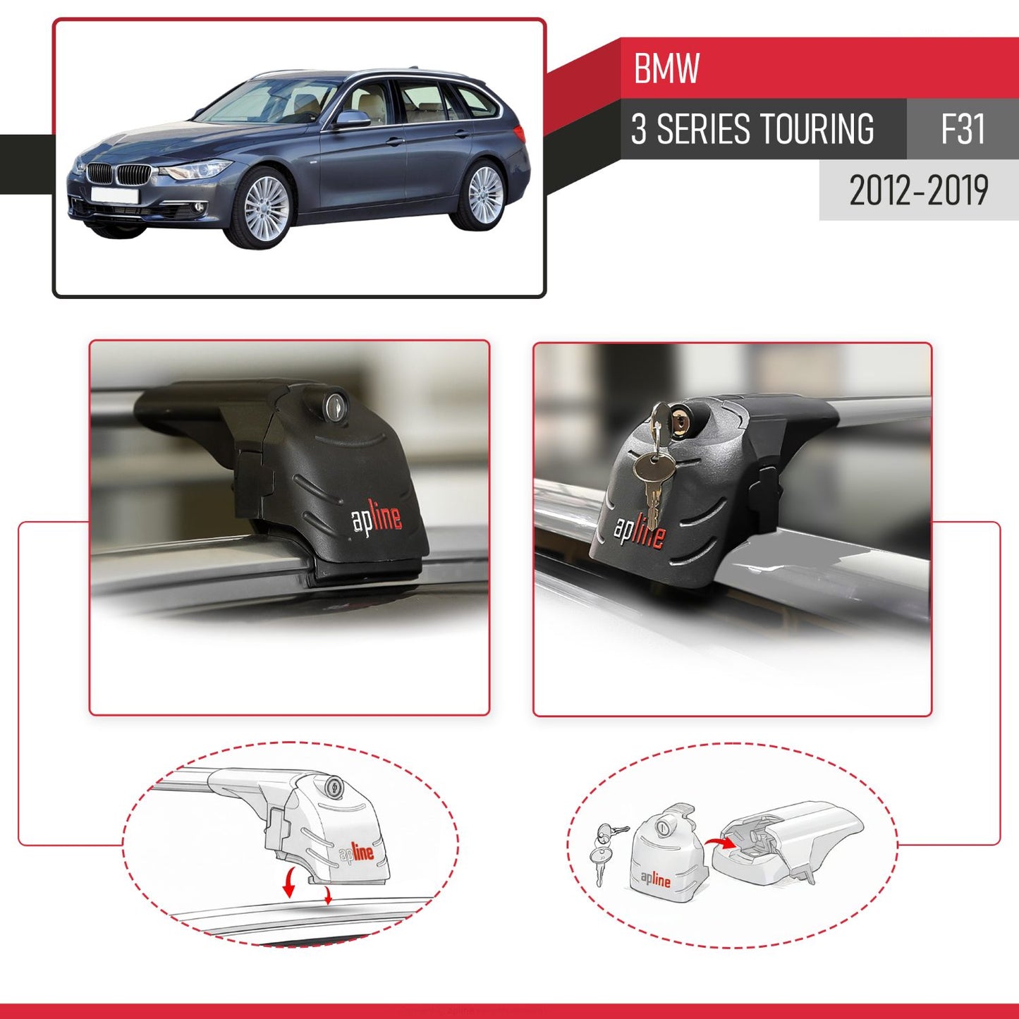 Kompatibel mit BMW 3er Serie (F31) Touring 2012-2019 ACE-2 Relingträger Dachträger Auto Gepäckträger Grau Aluminium 2 Stangen