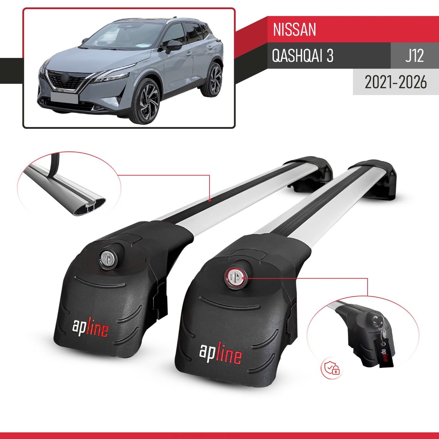 Kompatibel mit Nissan Qashqai 3 (J12) 2022-2025 ACE-2 Relingträger Dachträger Auto Gepäckträger Grau Aluminium 2 Stangen