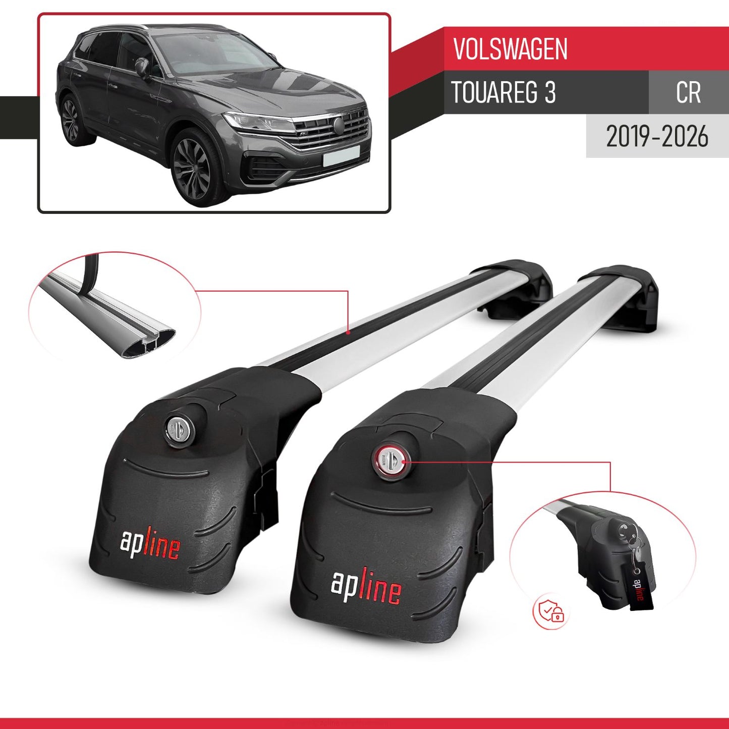 Compatible with Volkswagen Touareg 3 (CR) 2019-2025 ACE-2 Car Roof Rack Cross Bar Grey Aluminium 2 Bars