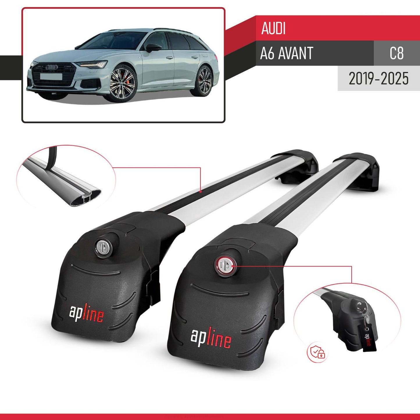Compatible with A6 (C8) Avant 2019-2025 ACE-2 Car Roof Rack Cross Bar Grey Aluminium 2 Bars