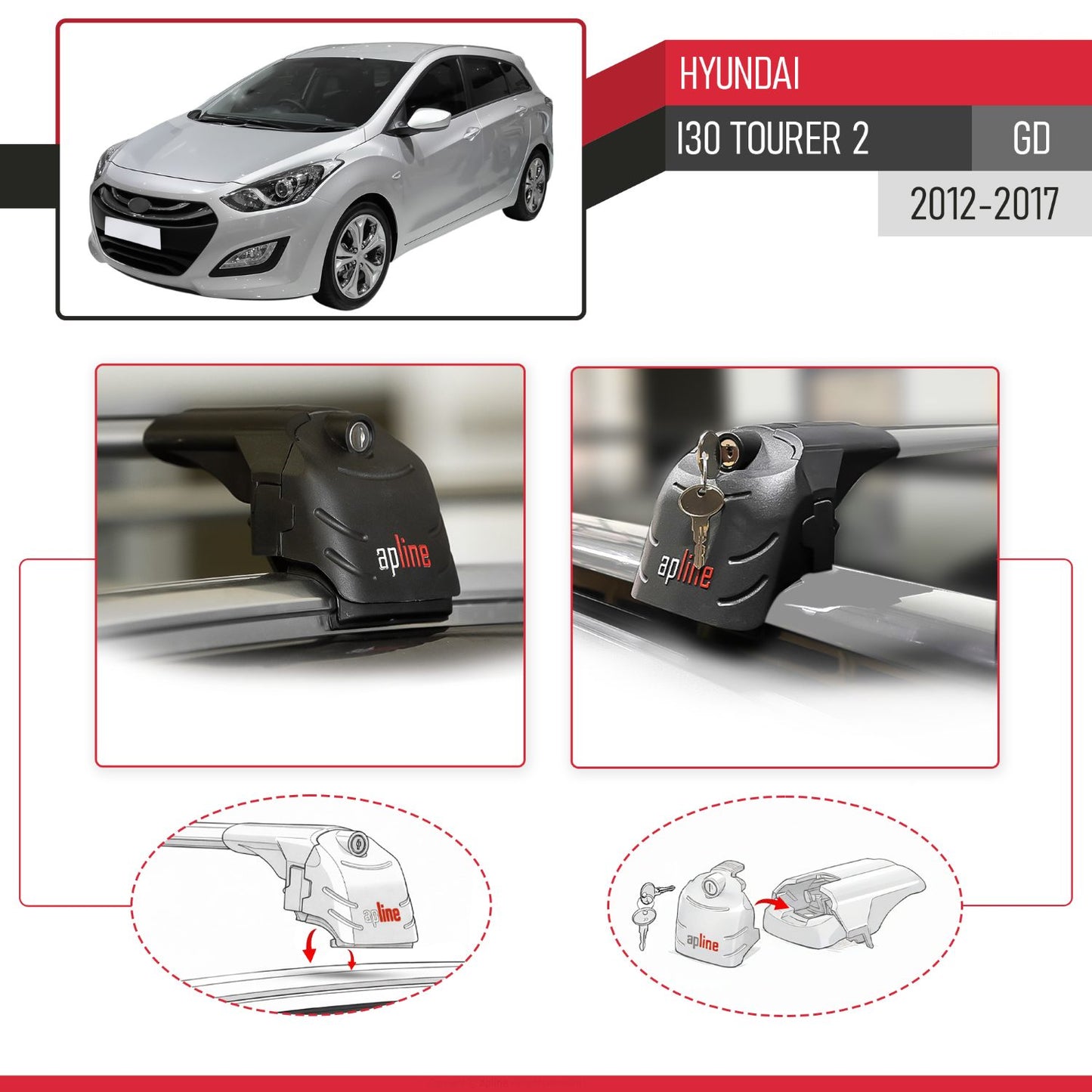 Kompatibel mit Hyundai i30 2 (GD) Tourer 2012-2016 ACE-2 Relingträger Dachträger Auto Gepäckträger Grau Aluminium 2 Stangen