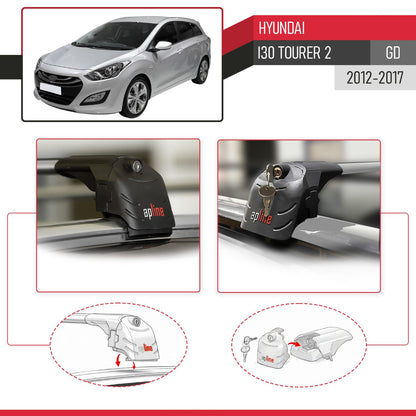 Kompatibel mit Hyundai i30 2 (GD) Tourer 2012-2016 ACE-2 Relingträger Dachträger Auto Gepäckträger Grau Aluminium 2 Stangen