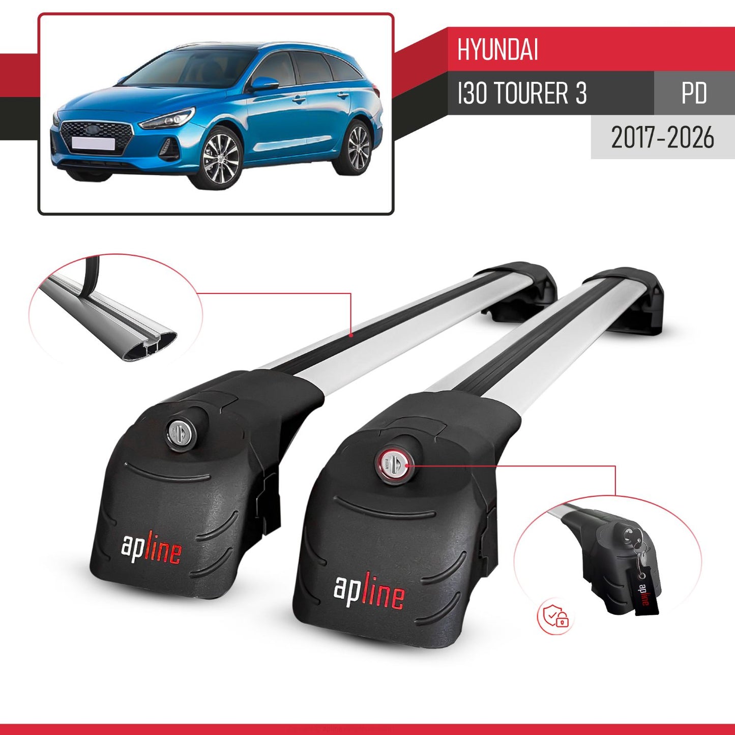 Kompatibel mit Hyundai i30 3 (PD) Tourer 2017-2025 ACE-2 Relingträger Dachträger Auto Gepäckträger Grau Aluminium 2 Stangen