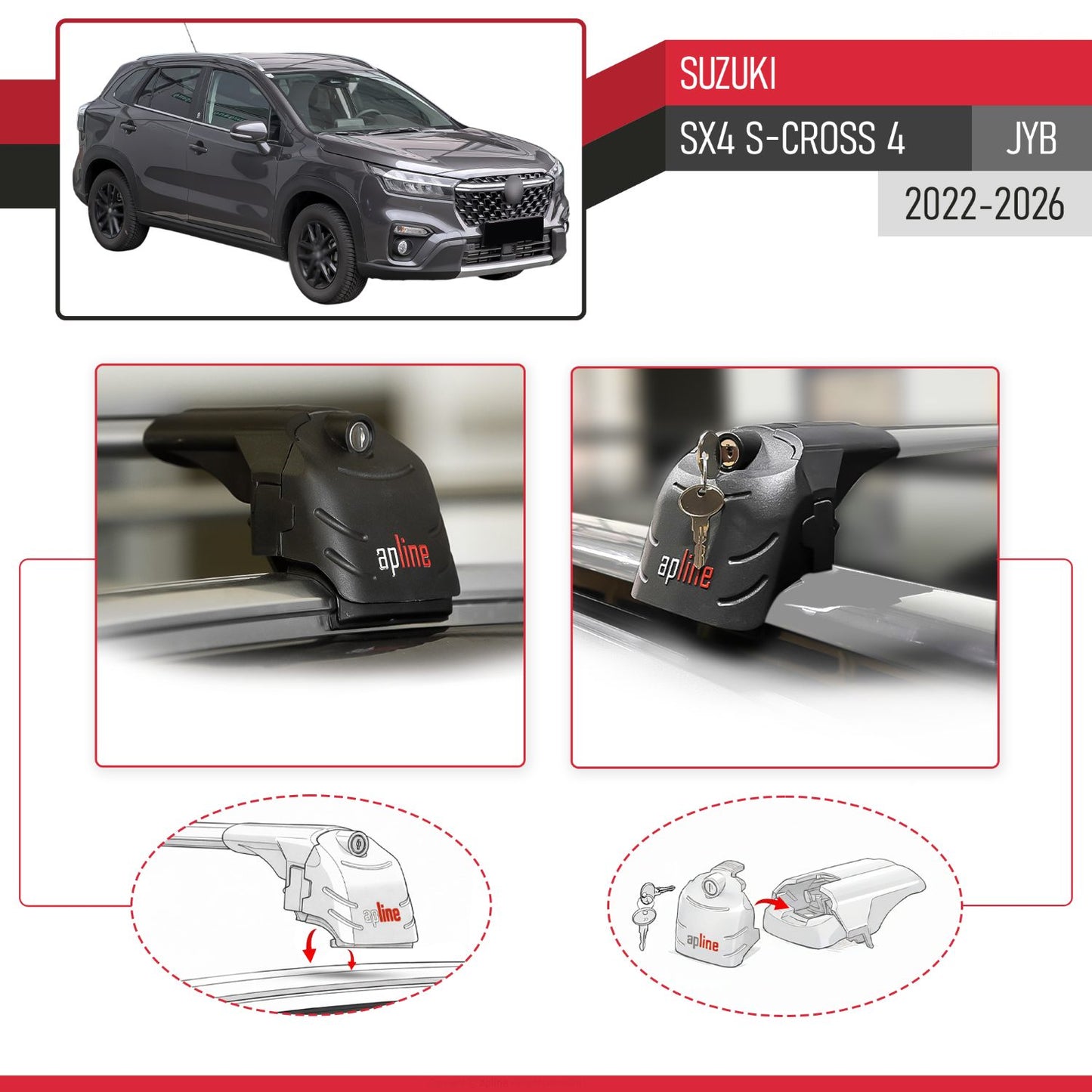 Kompatibel mit Suzuki SX4 S-Cross 4 (JY) 2022-2025 ACE-2 Relingträger Dachträger Auto Gepäckträger Grau Aluminium 2 Stangen