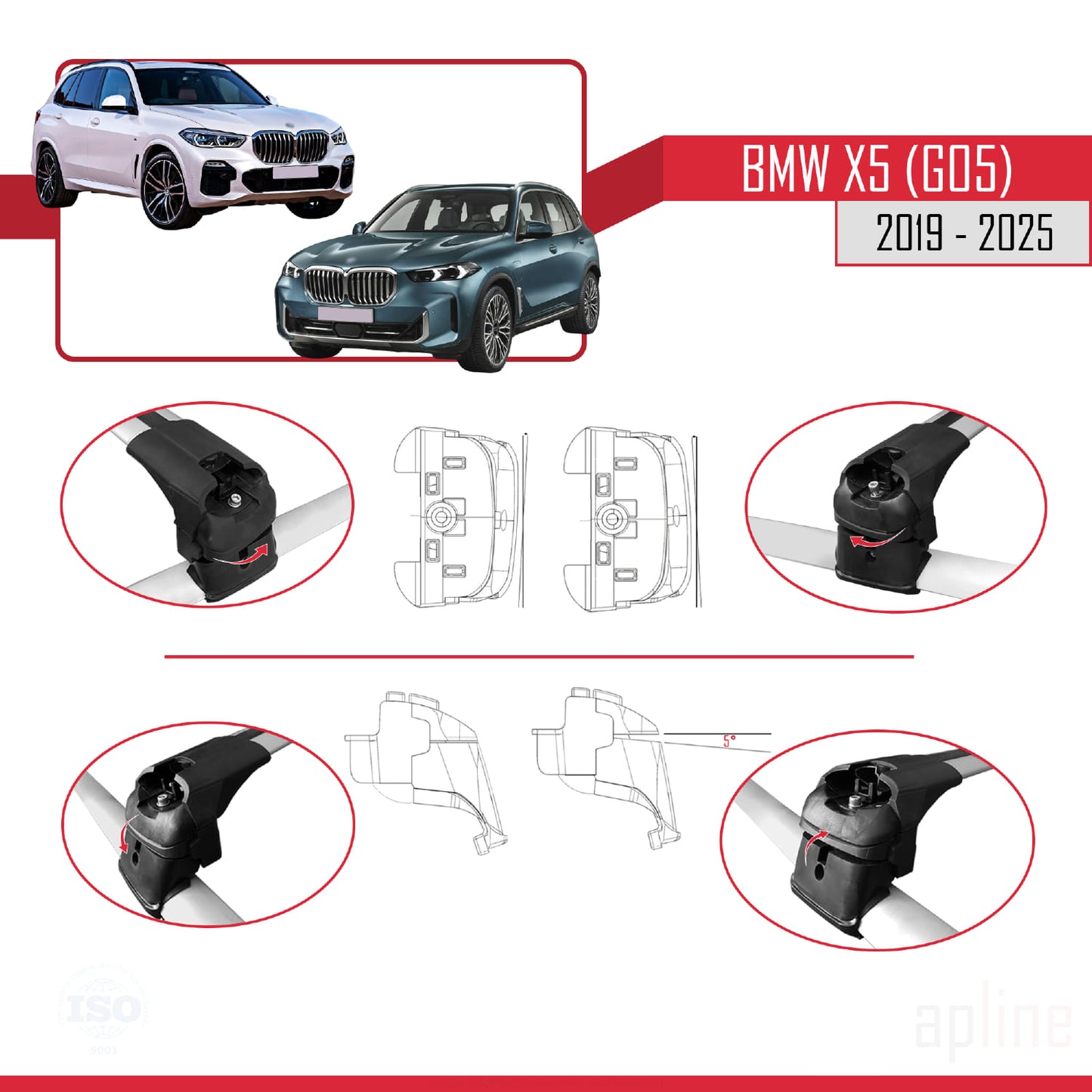 Kompatibel mit BMW X5 (G05) 2019-2025 ACE-2 Dachgepäckträger, Reling, Gepäckträger, graues Aluminium, 2 Stangen