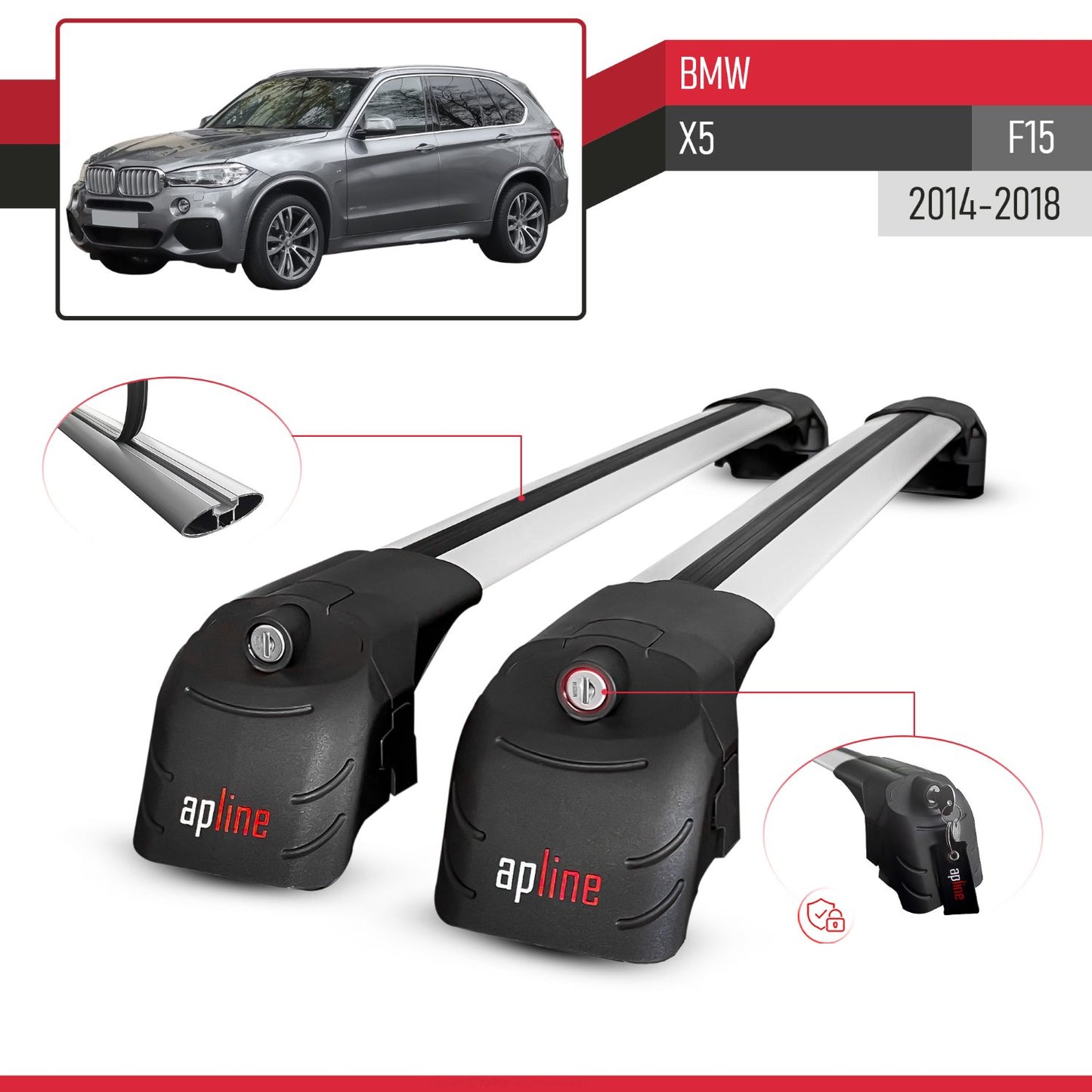 Compatible with BMW X5 (F15) 2014-2018 ACE-2 Car Roof Rack Cross Bar Grey Aluminium 2 Bars