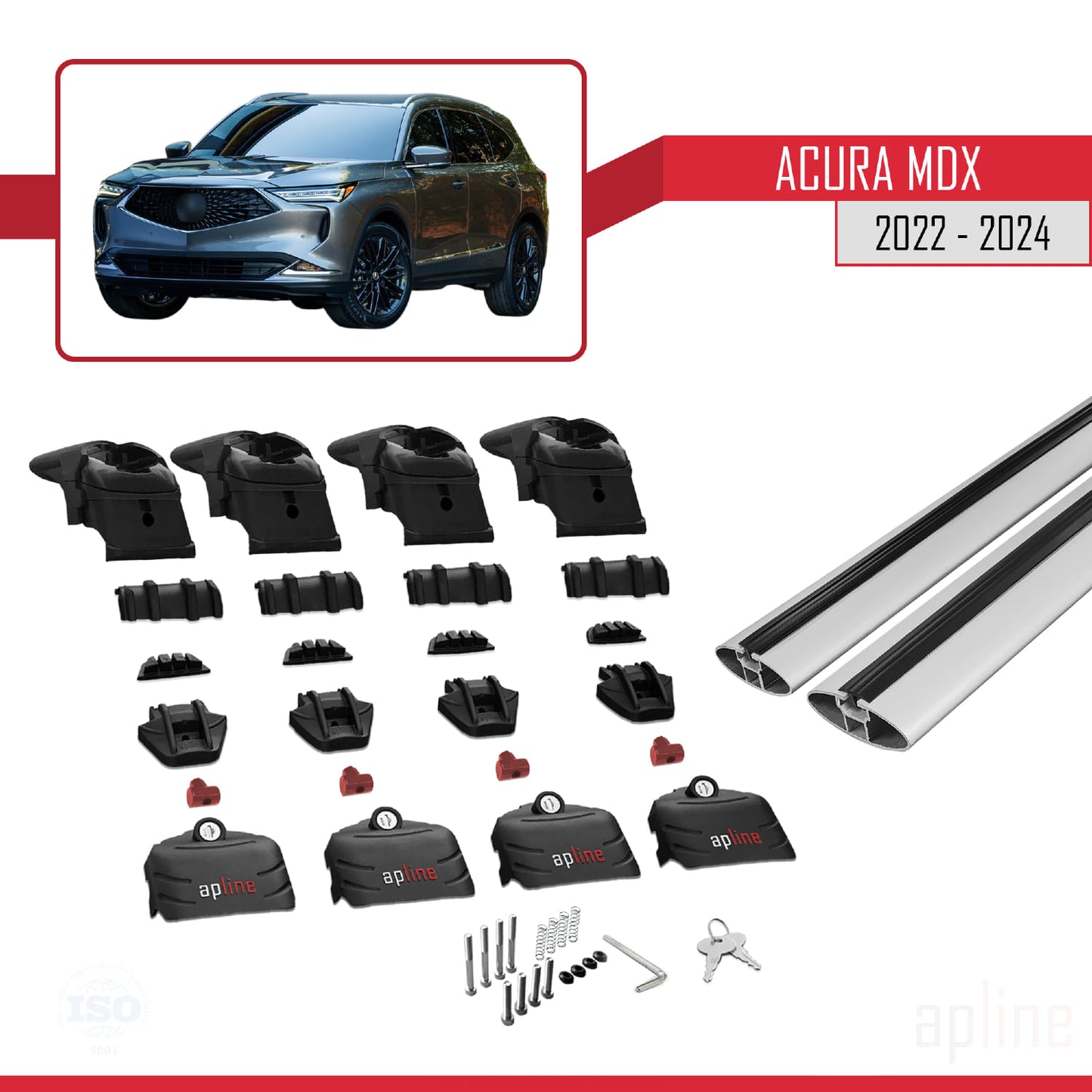 Kompatibel mit Acura MDX 2022-2024 ACE-2 Dachgepäckträger, Reling, Gepäckträger, graues Aluminium, 2 Stangen