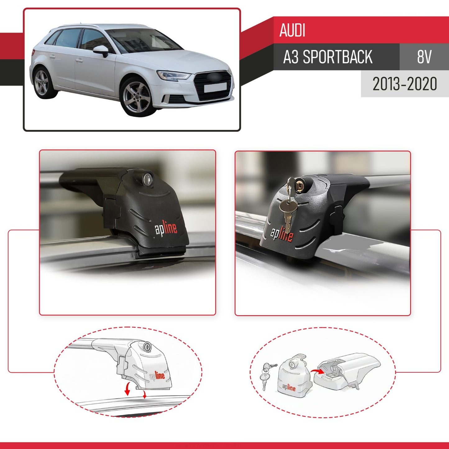 Kompatibel mit Audi A3 Sportback 2015-2020 ACE-2 Relingträger Dachträger Auto Gepäckträger Grau Aluminium 2 Stangen