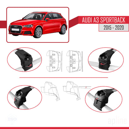 Kompatibel mit Audi A3 Sportback 2015-2020 ACE-2 Dachgepäckträger, Reling, Gepäckträger, graues Aluminium, 2 Stangen