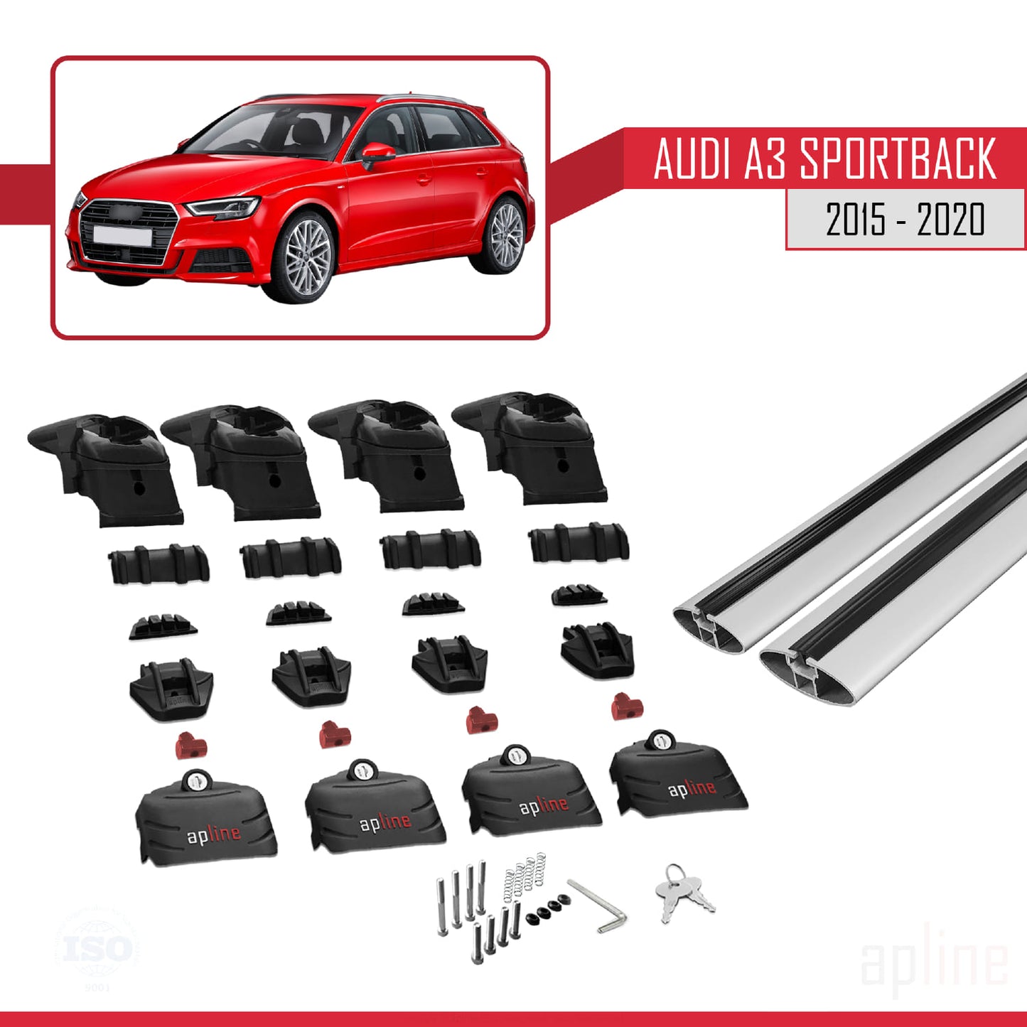 Kompatibel mit Audi A3 Sportback 2015-2020 ACE-2 Dachgepäckträger, Reling, Gepäckträger, graues Aluminium, 2 Stangen
