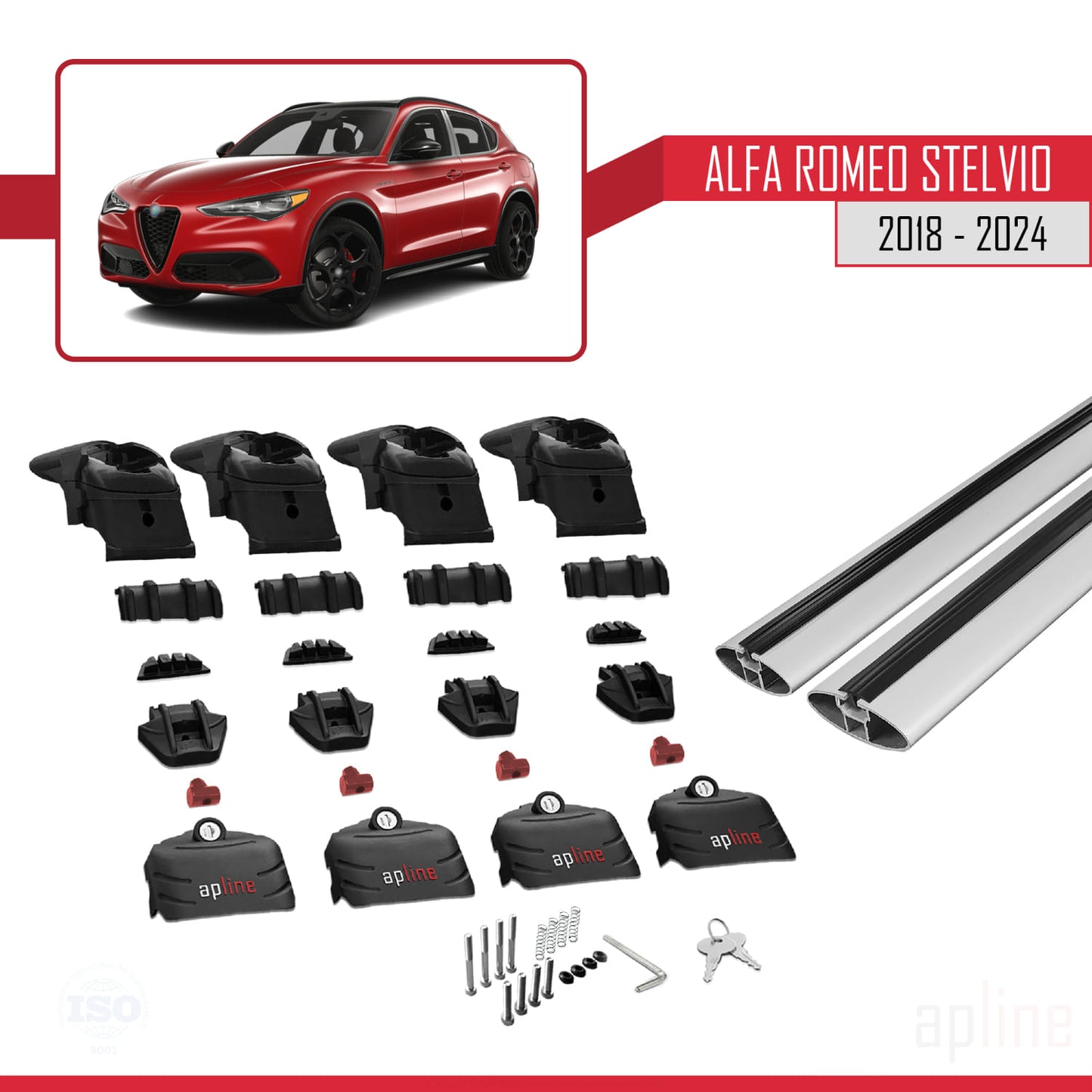 Kompatibel mit Alfa Romeo Stelvio 2018-2024 ACE-2 Dachgepäckträger, Reling, Gepäckträger, graues Aluminium, 2 Stangen