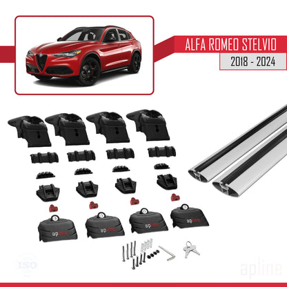 Kompatibel mit Alfa Romeo Stelvio 2018-2024 ACE-2 Dachgepäckträger, Reling, Gepäckträger, graues Aluminium, 2 Stangen