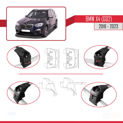 Kompatibel mit BMW X4 (G02) 2018-2023 ACE-2 Dachgepäckträger, graues Aluminium, 2 Stangen