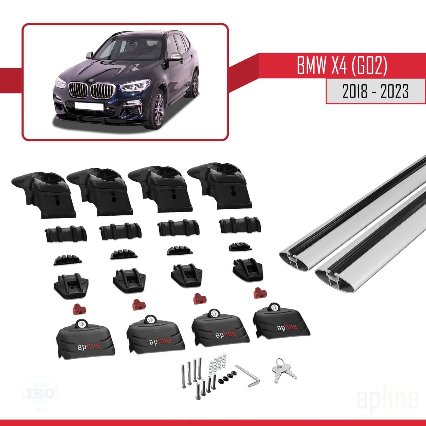 Kompatibel mit BMW X4 (G02) 2018-2023 ACE-2 Dachgepäckträger, graues Aluminium, 2 Stangen