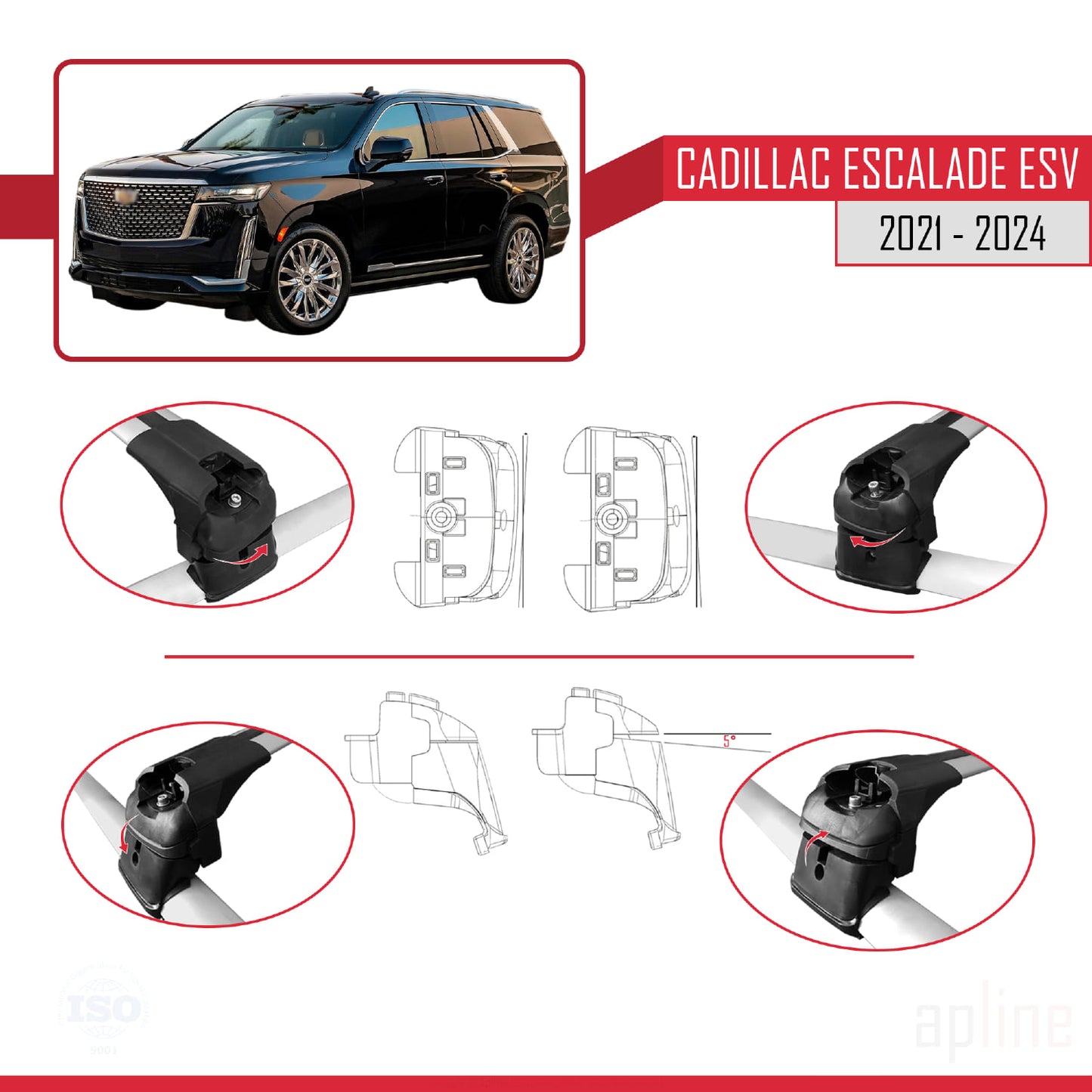 Kompatibel mit Cadillac Escalade ESV 2021-2024 ACE-2 Dachgepäckträger, Reling, Gepäckträger, graues Aluminium, 2 Stangen