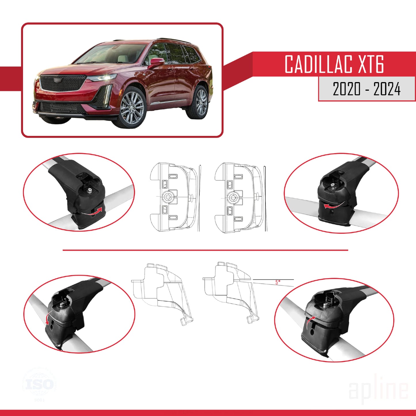 Kompatibel mit Cadillac XT6 2020-2024 ACE-2 Dachgepäckträger, Reling, Gepäckträger, graues Aluminium, 2 Stangen