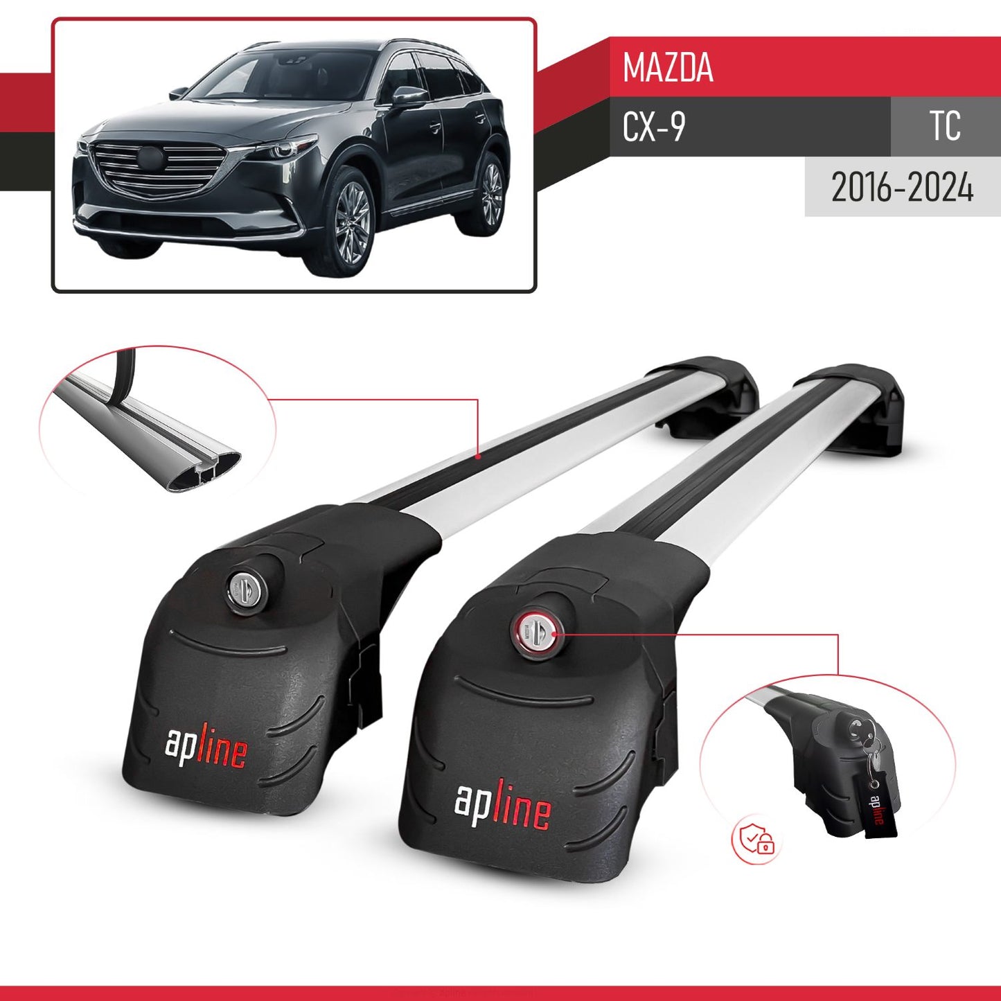 Compatible with Mazda CX-9 2016-2023 ACE-2 Car Roof Rack Cross Bar Grey Aluminium 2 Bars