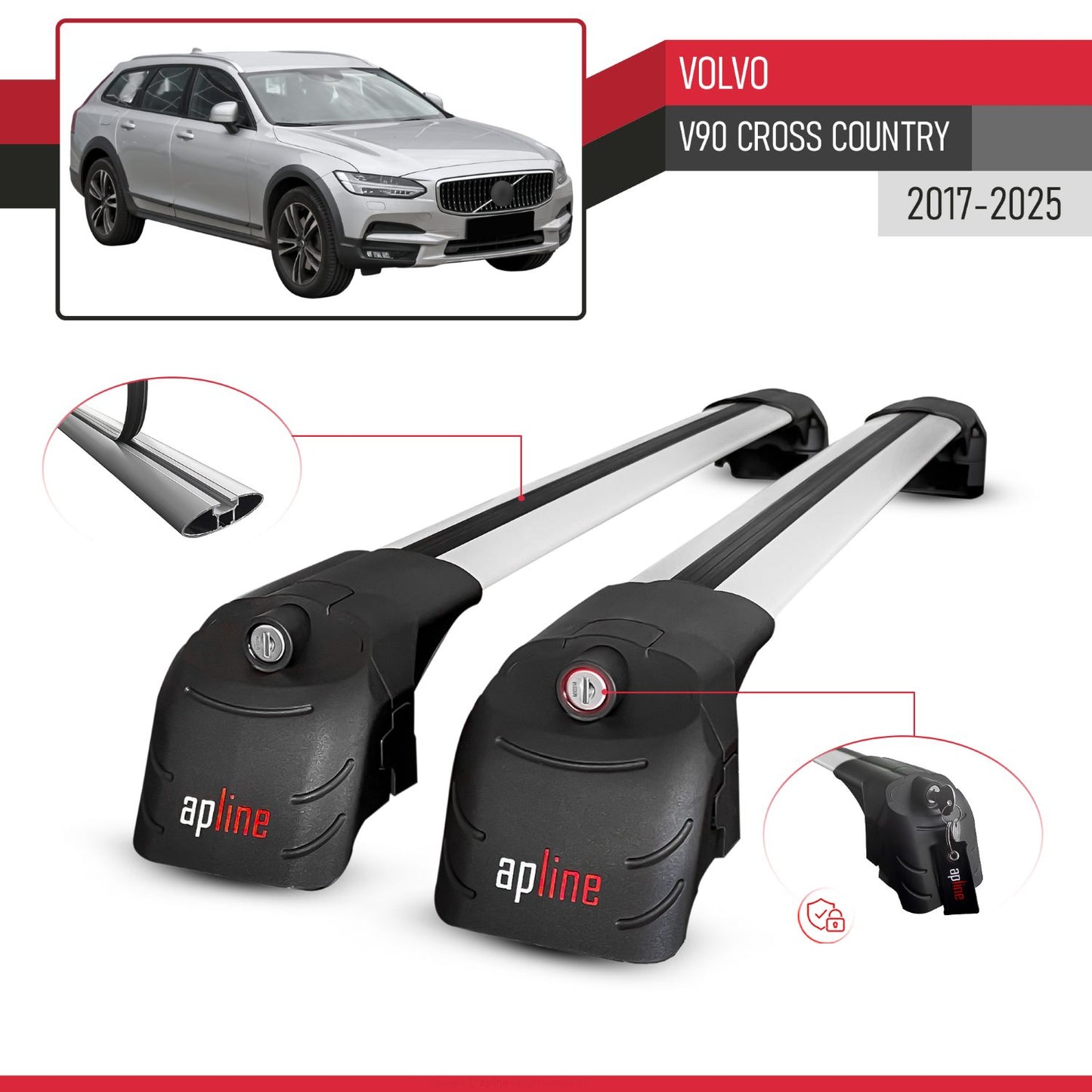 Compatible with Volvo V90 Cross Country 2017-2024 ACE-2 Car Roof Rack Cross Bar Grey Aluminium 2 Bars