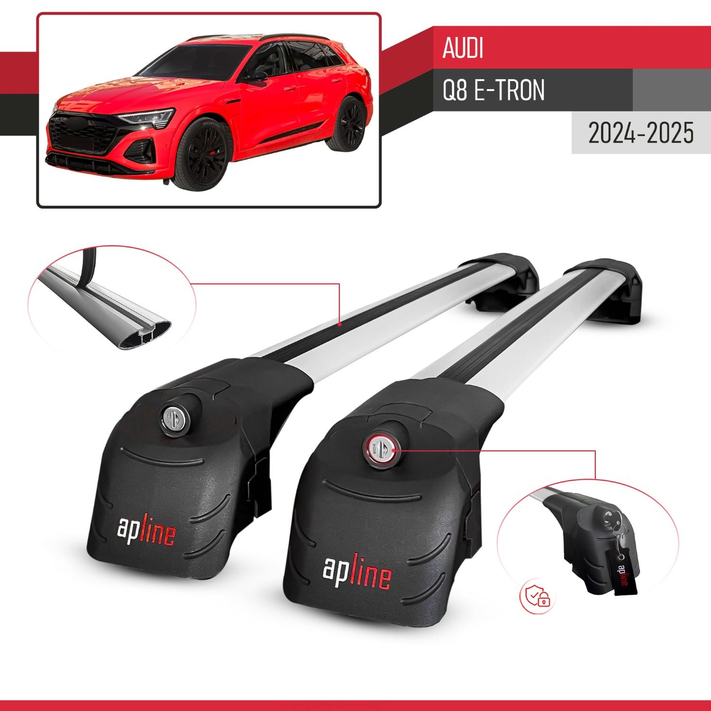 Compatible with Audi Q8 e-Tron 2024-2025 ACE-2 Car Roof Rack Cross Bar Grey Aluminium 2 Bars