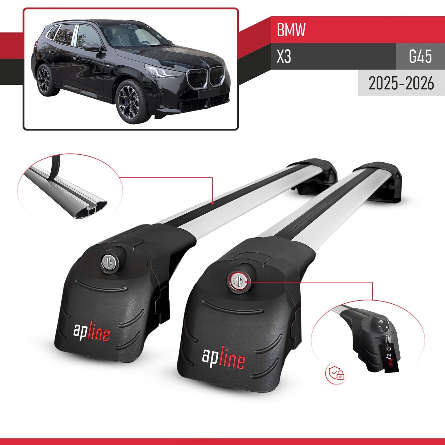 Kompatibel mit BMW X3 (G45) 2025 ACE-2 Relingträger Dachträger Auto Gepäckträger Grau Aluminium 2 Stangen
