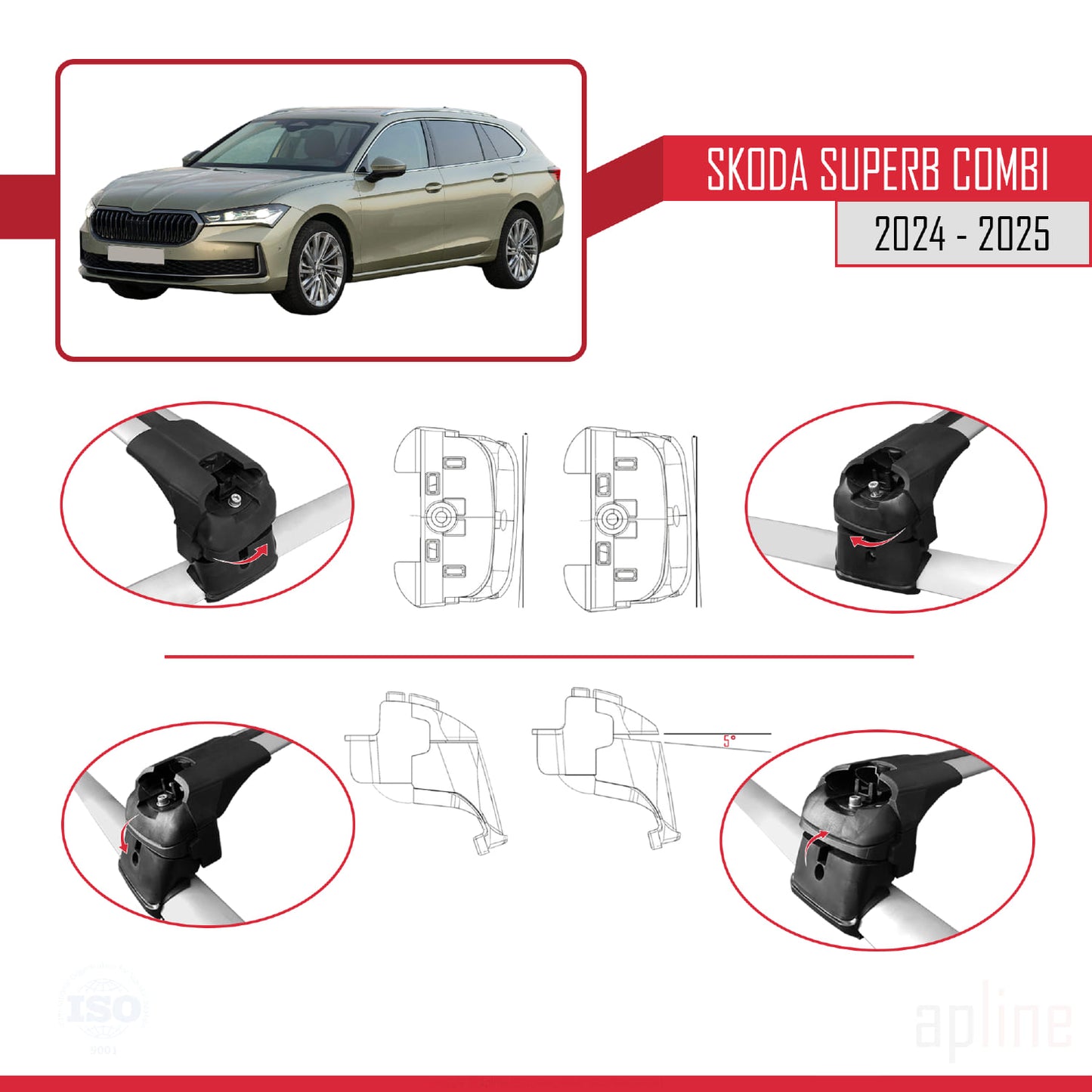 Compatible avec Skoda Superb Combi 2024-2025 ACE-2 Barres de Toit Railing Porte-Bagages de Voiture Gris Aluminium 2 Barres