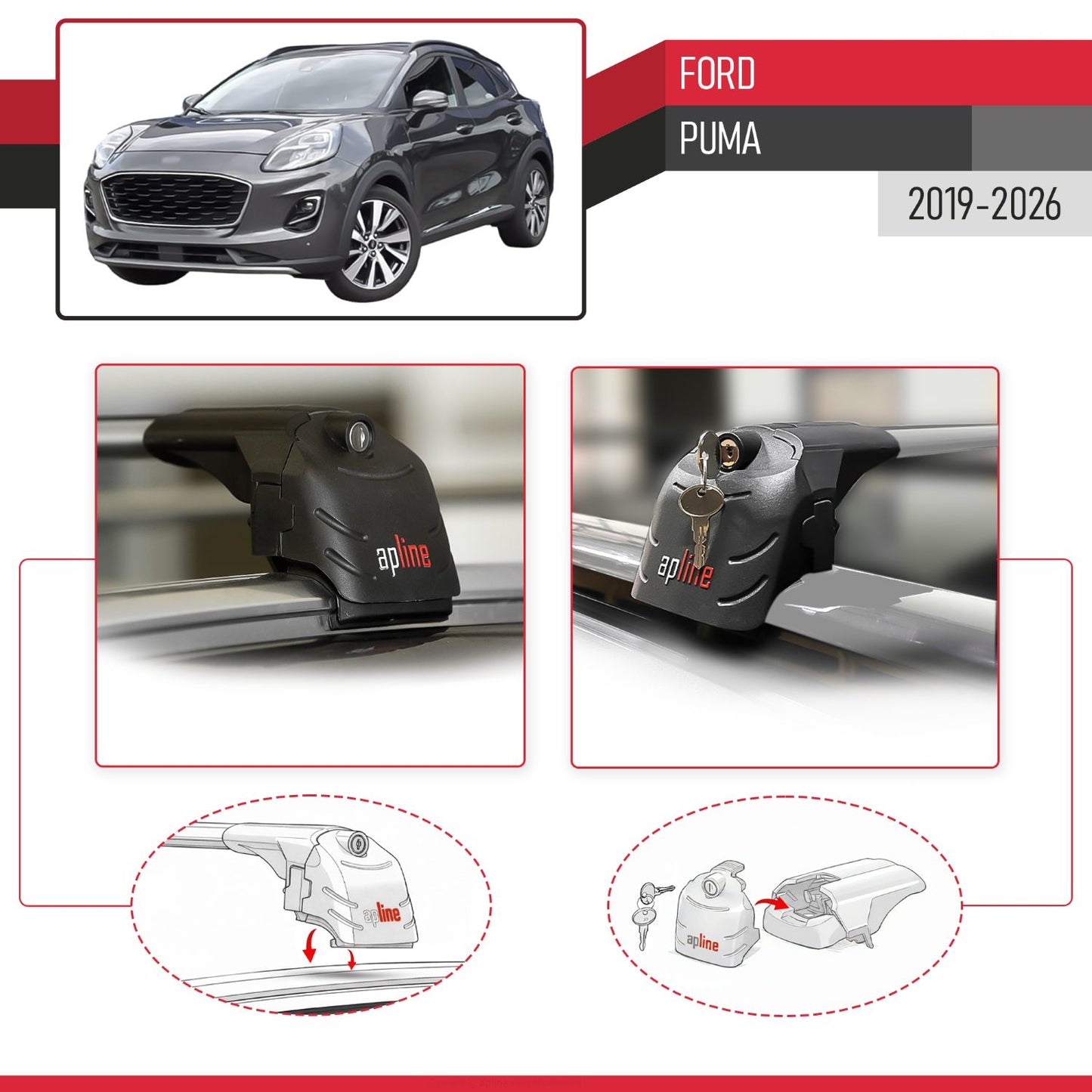 Kompatibel mit Ford Puma 2019-2024 ACE-2 Relingträger Dachträger Auto Gepäckträger Grau Aluminium 2 Stangen