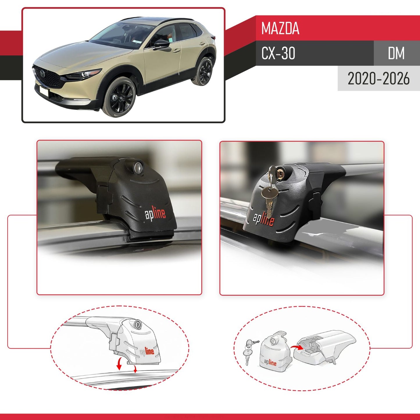 Compatible with Mazda CX-30 2020-2025 ACE-2 Car Roof Rack Cross Bar Grey Aluminium 2 Bars