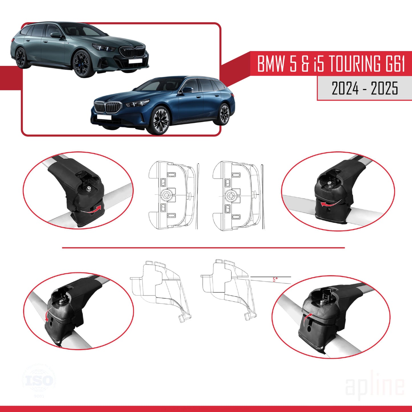 Kompatibel mit BMW 5er / i5 G61 Touring 2024-2025 ACE-2 Dachträger Auto-Reling Gepäckträger Grau Aluminium 2 Stangen