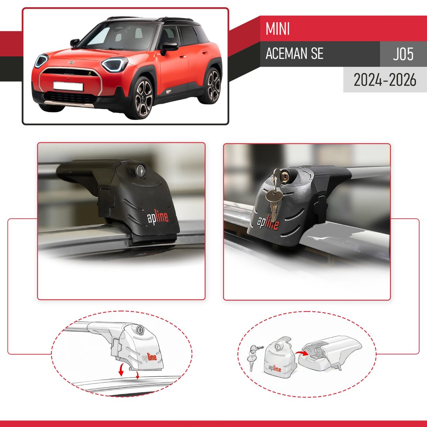 Kompatibel mit Mini Aceman SE 2024-2025 ACE-2 Relingträger Dachträger Auto Gepäckträger Grau Aluminium 2 Stangen