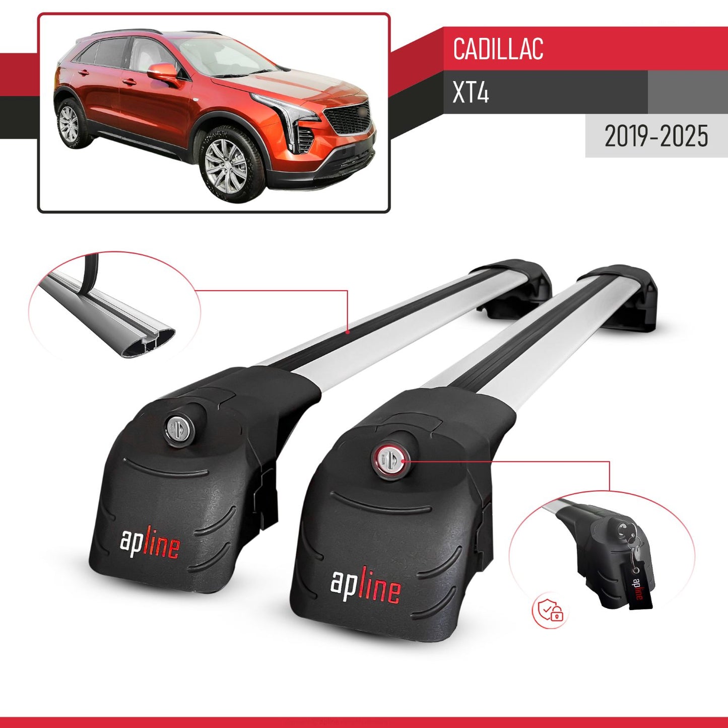 Compatible with Cadillac XT4 2019-2025 ACE-2 Car Roof Rack Cross Bar Grey Aluminium 2 Bars
