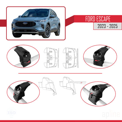 Kompatibel mit Ford Escape 2023-2025 ACE-2 Dachgepäckträger, Reling, Gepäckträger, graues Aluminium, 2 Stangen