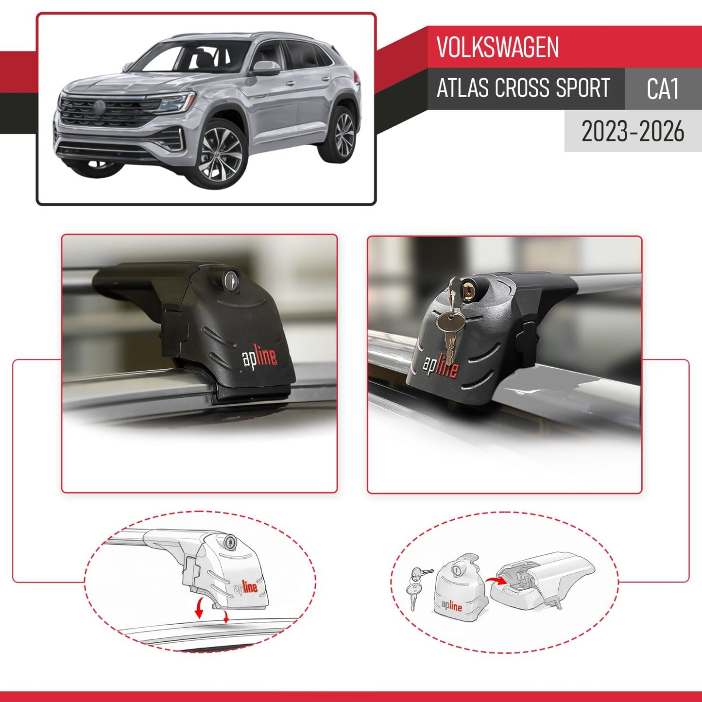 Compatible with Volkswagen Atlas Cross Sport 2023-2025 ACE-2 Car Roof Rack Cross Bar Grey Aluminium 2 Bars