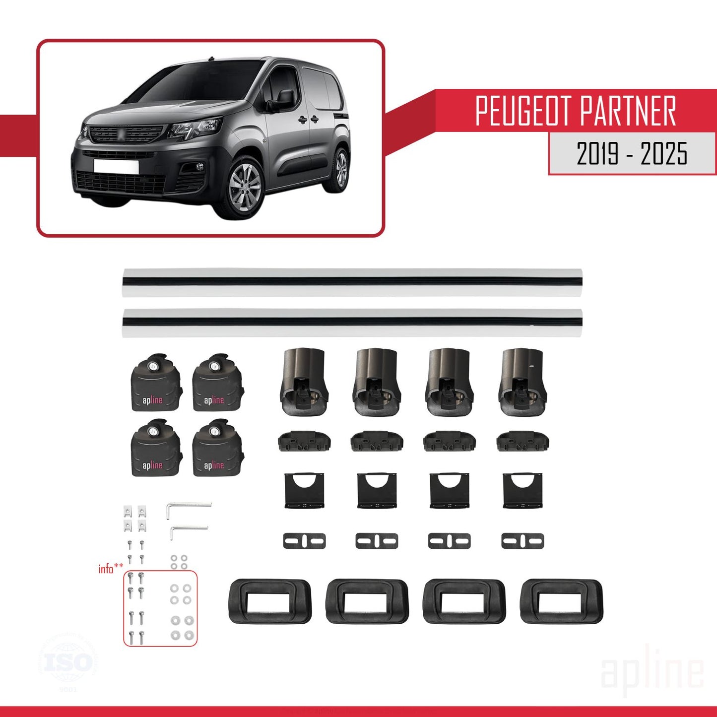 Compatible avec Peugeot Partner 2019-2025 ACE-3 Barres de Toit Railing Porte-Bagages de Voiture Gris Aluminium 2 Barres