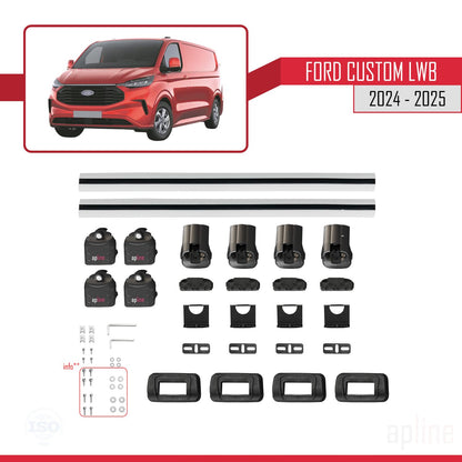 Kompatibel mit Ford Custom 2024-2025 ACE-3 Dachgepäckträger, Reling, Gepäckträger, graues Aluminium, 2 Stangen