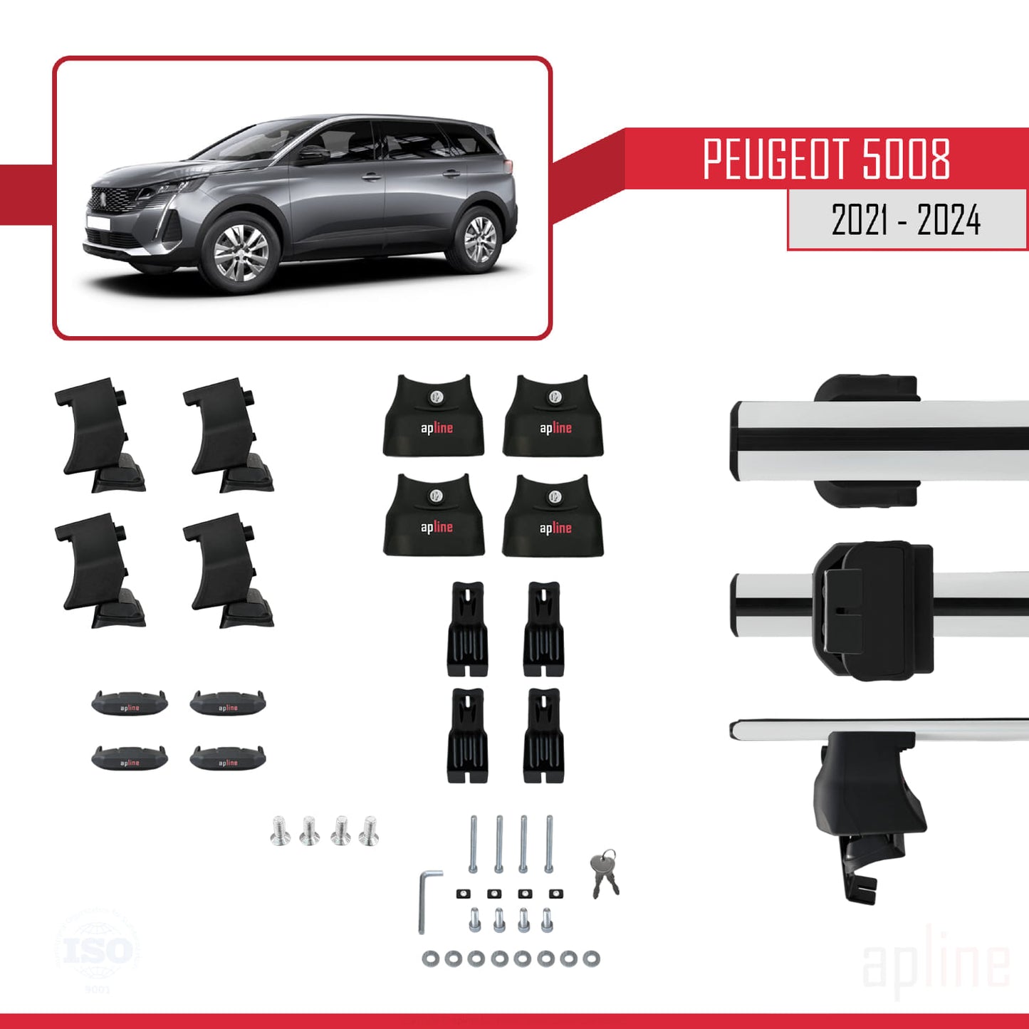 Compatible with Peugeot 5008 II (P87) Post-Facelift 2021-2024 ACE-4 Car Roof Rack Cross Bar Grey Aluminium 2 Bars