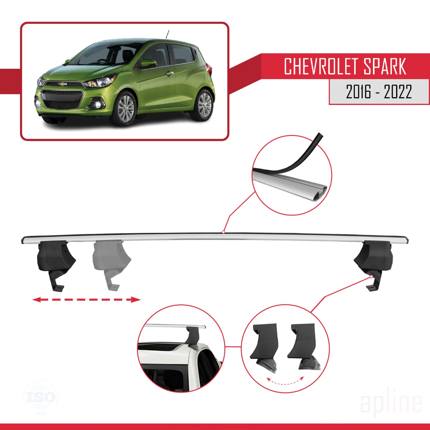 Kompatibel mit Chevrolet Spark (M400) 2016-2022 ACE-4 Dachgepäckträger, Reling, Gepäckträger, graues Aluminium, 2 Stangen