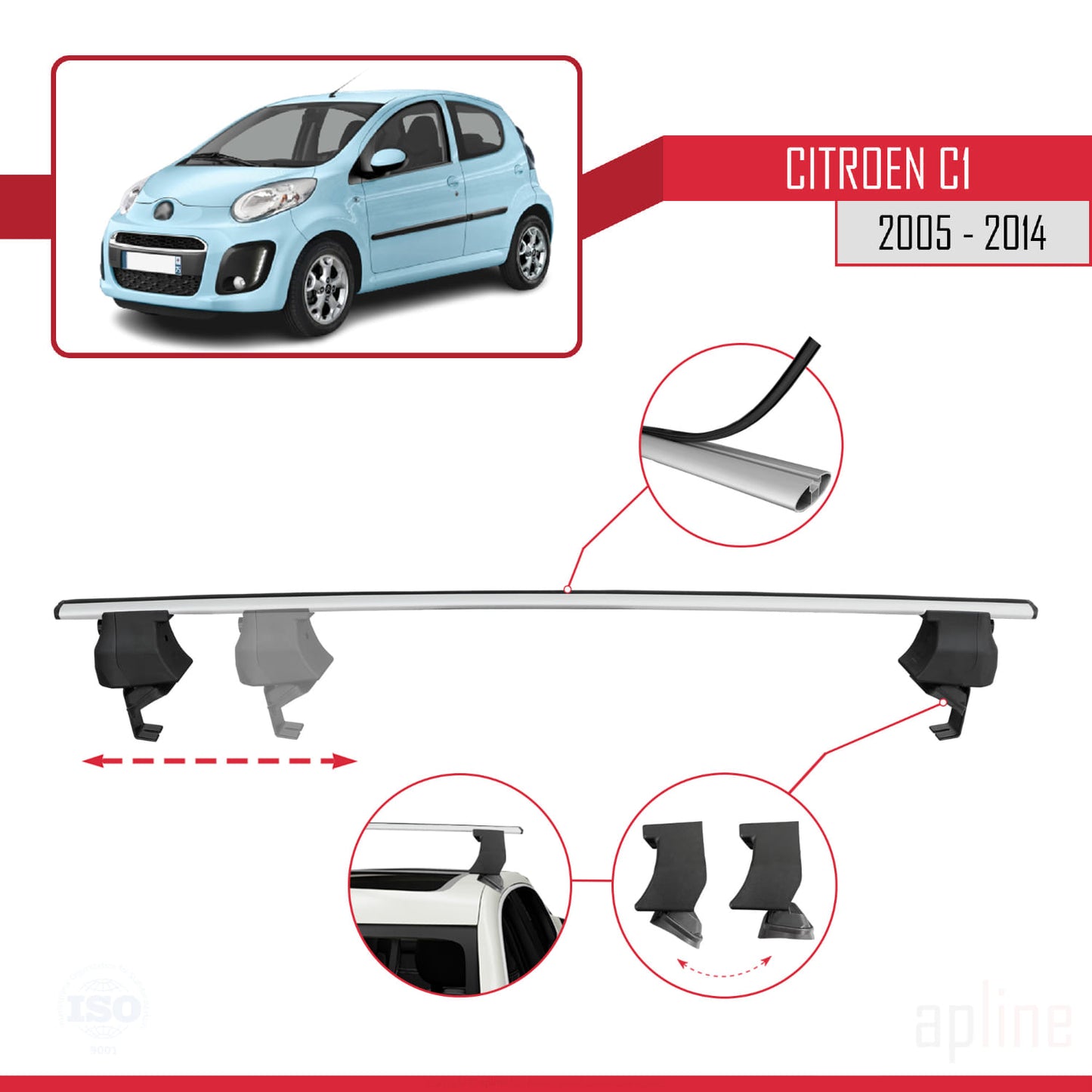 Kompatibel mit Citroen C1 2005-2014 ACE-4 Dachgepäckträger, Reling, Gepäckträger, graues Aluminium, 2 Stangen