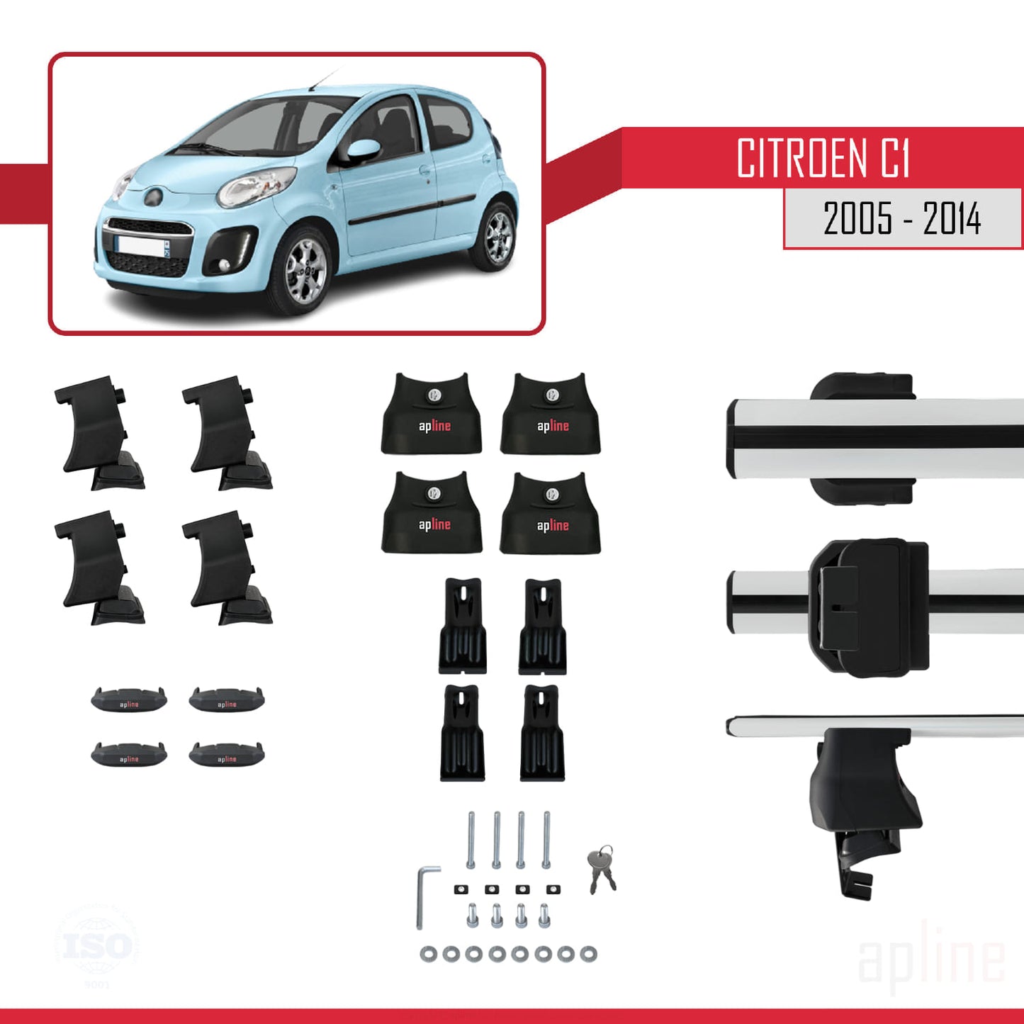 Kompatibel mit Citroen C1 2005-2014 ACE-4 Dachgepäckträger, Reling, Gepäckträger, graues Aluminium, 2 Stangen