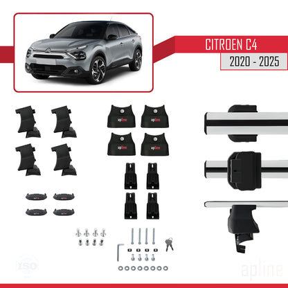Kompatibel mit Citroen C4 III (C41) 2020-2025 ACE-4 Dachgepäckträger, Reling, Gepäckträger, graues Aluminium, 2 Stangen