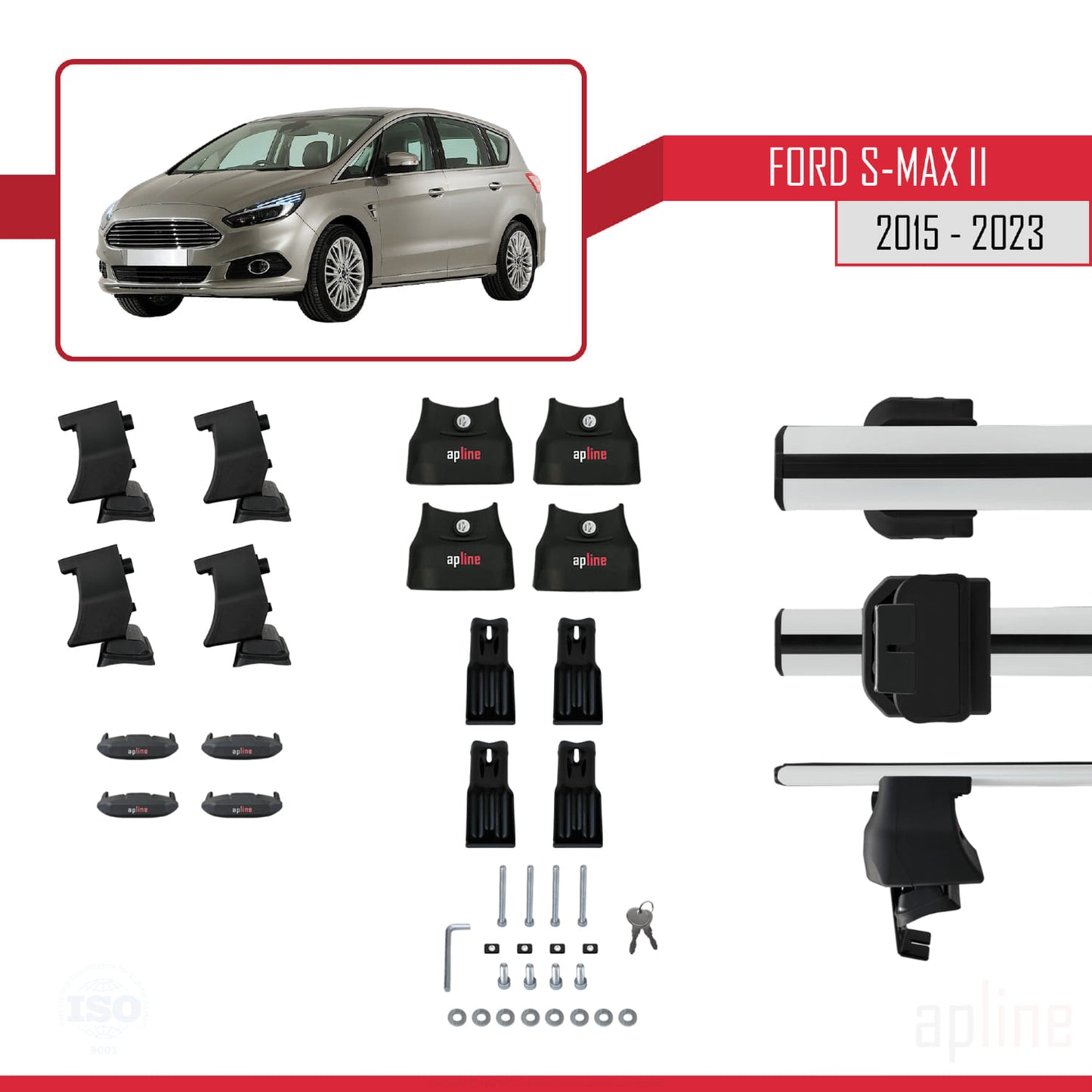 Compatible with Ford S-Max 2 (CD539) 2015-2023 ACE-4 Car Roof Rack Cross Bar Grey Aluminium 2 Bars