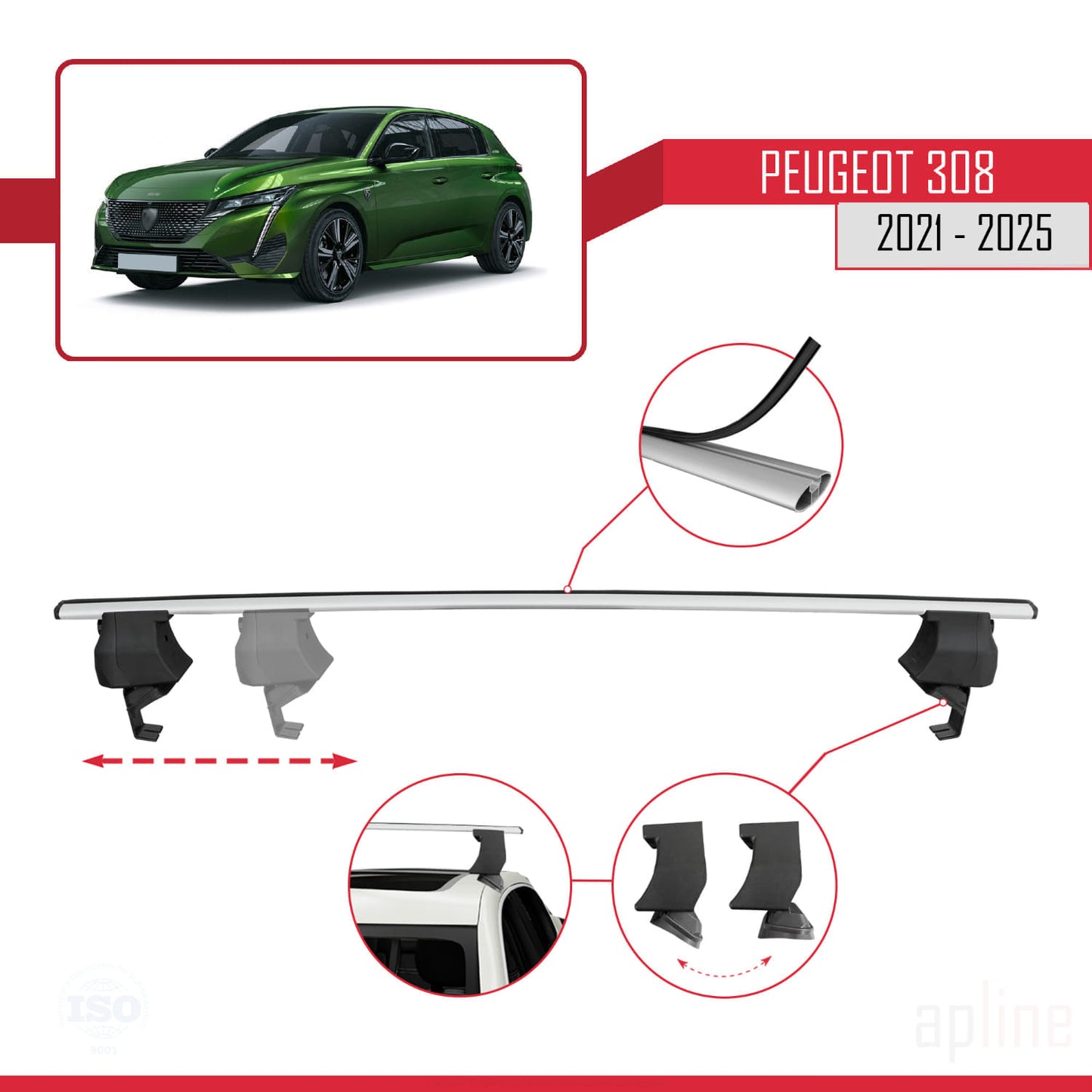Kompatibel mit Peugeot 308 III (P5) 2021-2025 ACE-4 Relingträger Dachträger Auto Gepäckträger Grau Aluminium 2 Stangen