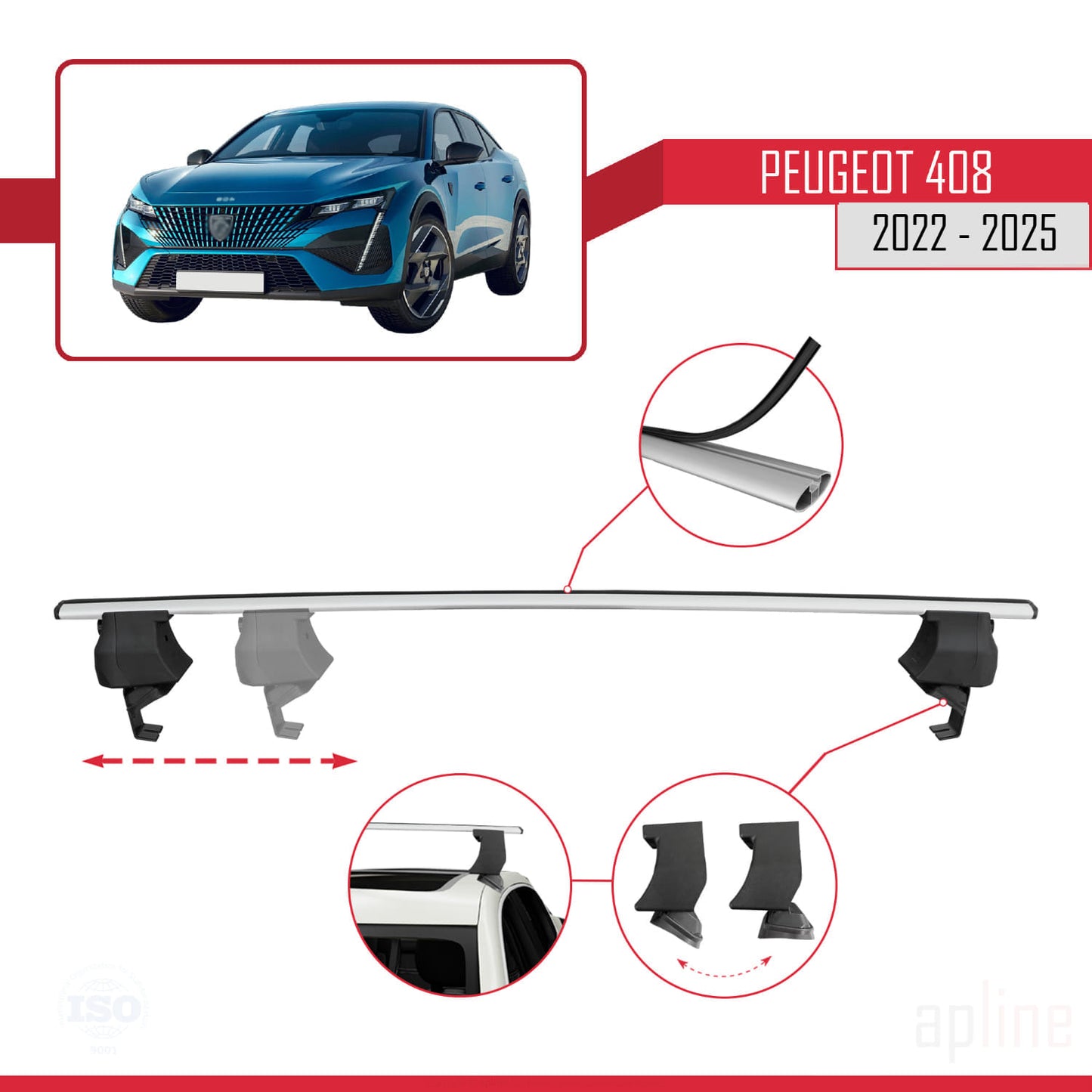 Compatible with Peugeot 408 (P54) 2022-2025 ACE-4 Car Roof Rack Cross Bar Grey Aluminium 2 Bars